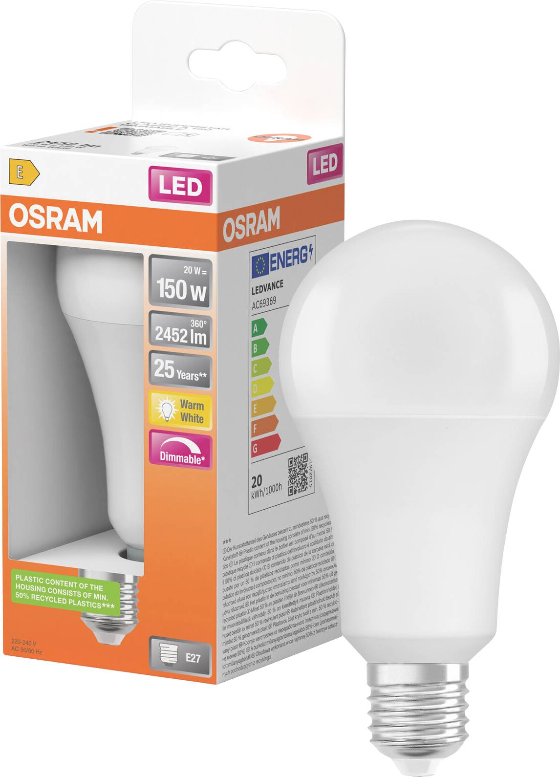 OSRAM LED-Glühbirne in Verpackung, gekennzeichnet mit 20W, 150W-Äquivalent, 2452 lm, warmweiß, dimmbar, E27-Sockel.