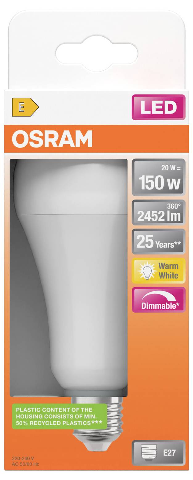 OSRAM LED-Glühbirnenverpackung mit einer warmweißen, dimmbaren 20-W-Glühbirne mit 150-W-Äquivalent, 2452 lm, 25 Jahre, E27-Sockel.