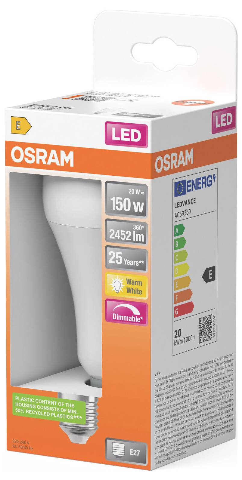 OSRAM LED-Glühbirne Verpackung mit einer 20W, 150W-äquivalente dimmbare warmweiße Glühbirne mit E27-Fassung und Energieeffizienzlabel.