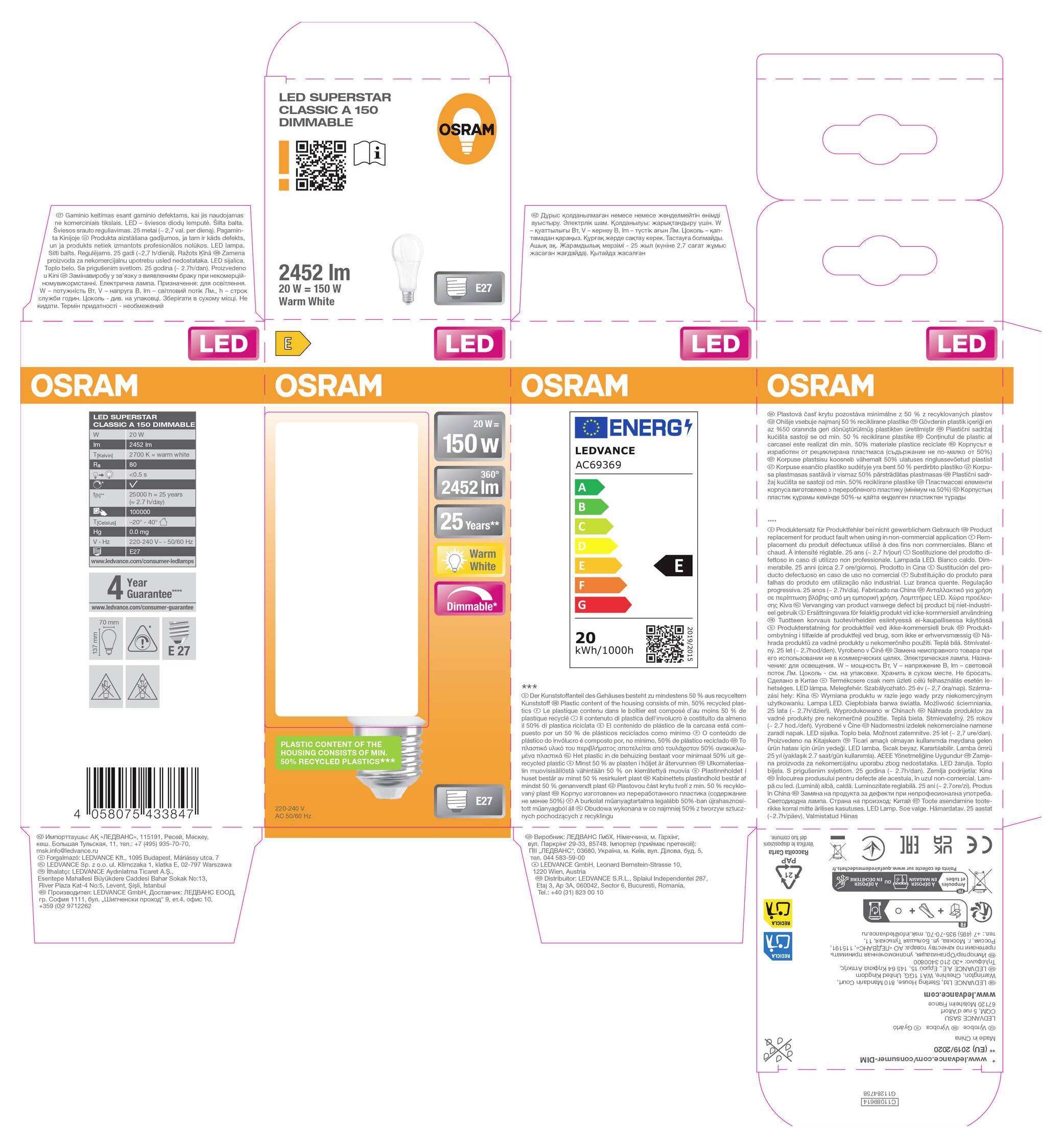 Verpackungsabwicklung für eine OSRAM LED-Glühbirnen-Schachtel, zeigt Vorder-, Rück-, Seiten- und obere Klappenpaneele mit Produktdetails und Energieetikett.