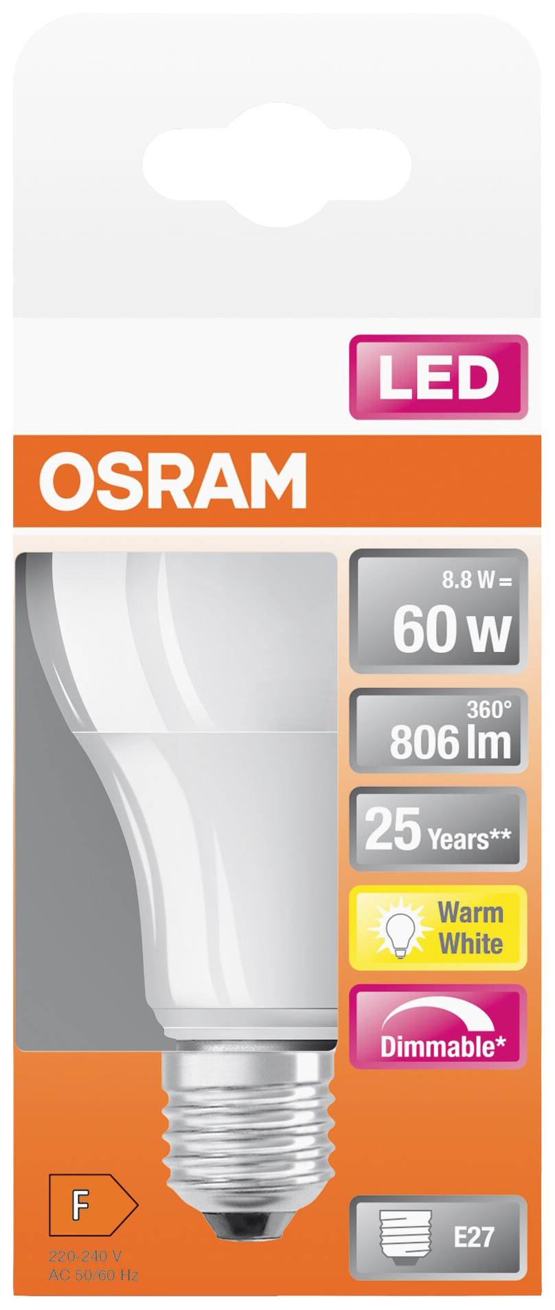 OSRAM HOMELIGHTING 4058075433861 LED EEK F (A - G) E27 Glühlampenform 8.8 W = 60 W Warmweiß (Ø x L) 60 mm x 106 mm 1 St.