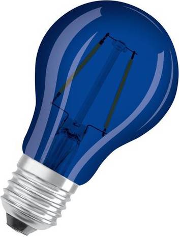 Eine blaue Glühbirne mit Metallfassung, schräg nach oben gerichtet, auf weißem Hintergrund.