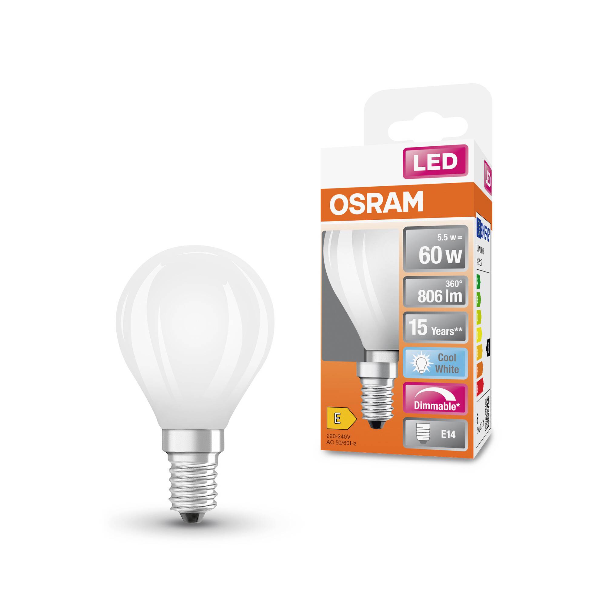 LED-Glühbirne von Osram, E14, 5,5 W, 806 lm, dimmbar, kühle Weißlichtfarbe, mit Verpackung. Energieeffizienzklasse E, Lebensdauer 15 Jahre.