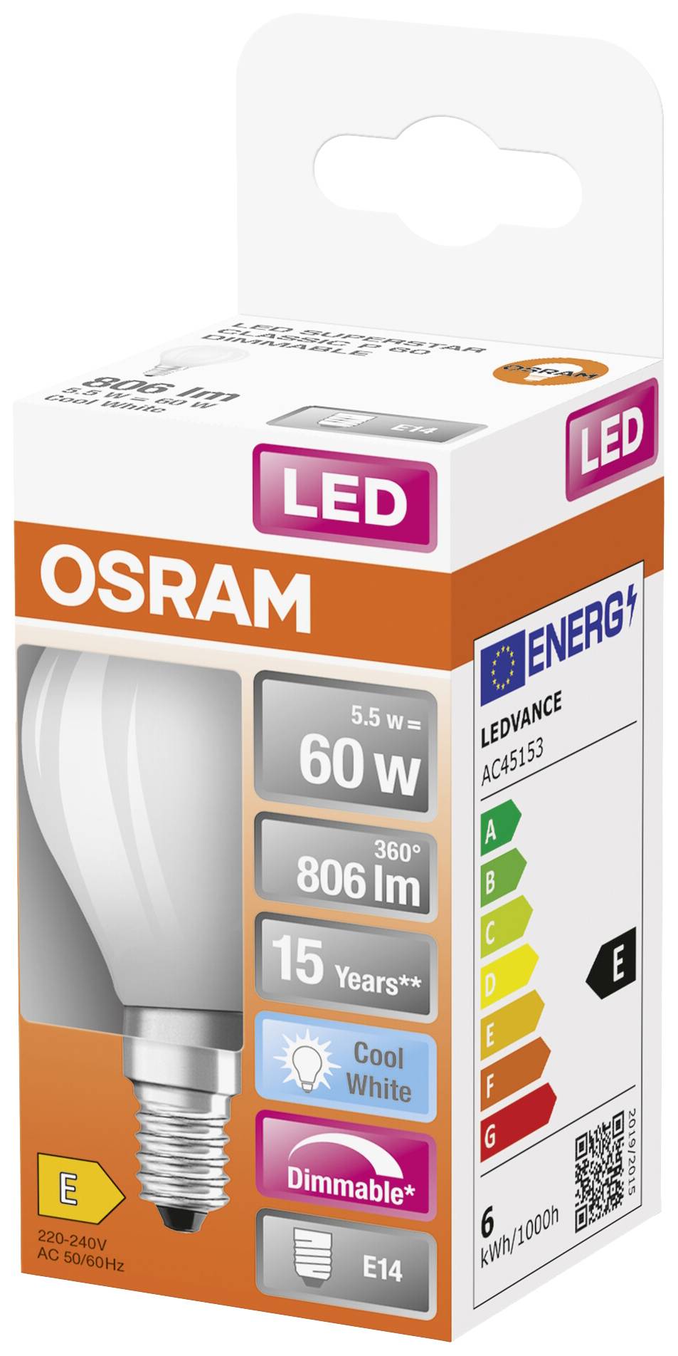 Osram LED-Glühbirnenverpackung, 5,5 W, ersetzt 60 W, 806 Lumen, E14-Fassung, dimmbar, 15 Jahre Lebensdauer, Energieklasse E.