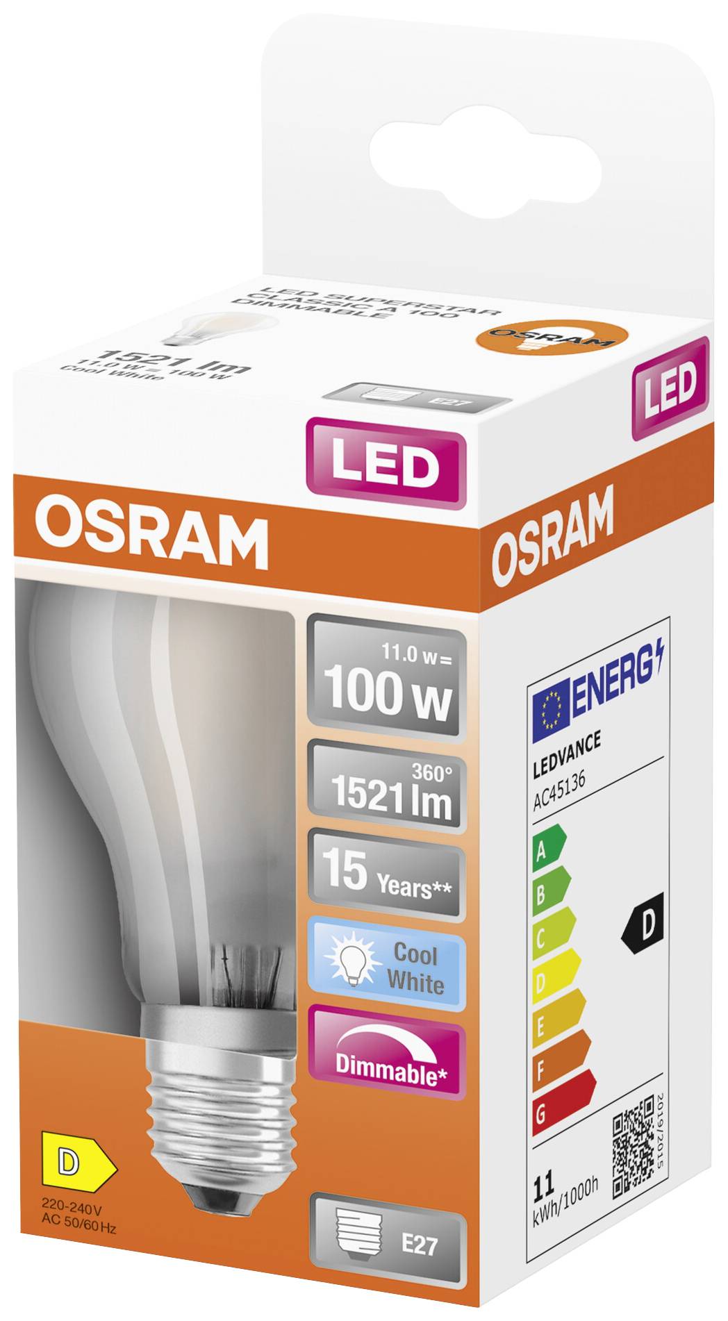 OSRAM LED-Glühbirne, 11W, klar, 1521 lm, E27, energieeffizient, dimmbar, 15 Jahre Lebensdauer, kaltes Weiß, Energieklasse D.