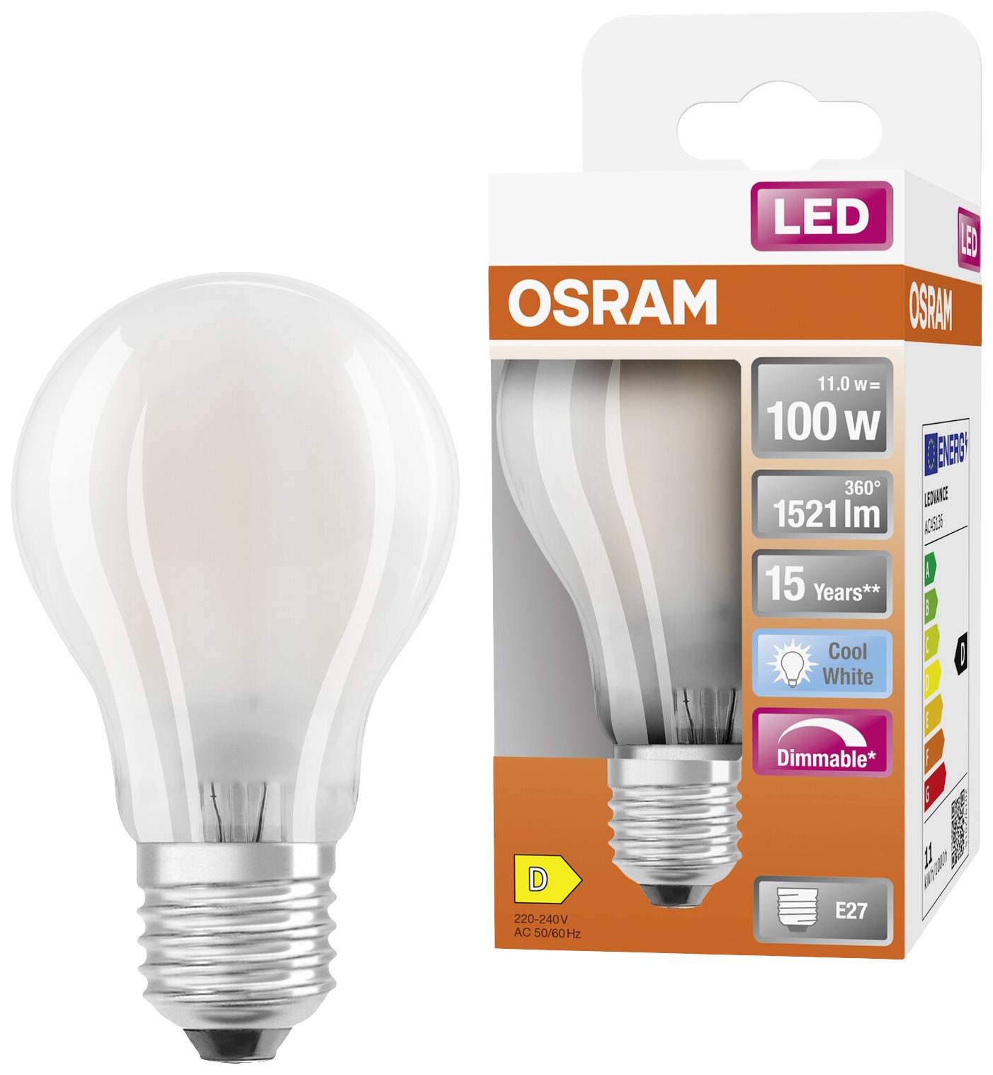 Glühbirne von Osram, 11.0 W, 1521 lm, ersetzt 100 W. Kühlweißes, dimmbares Licht. Energieeffizienzklasse D. E27-Sockel.