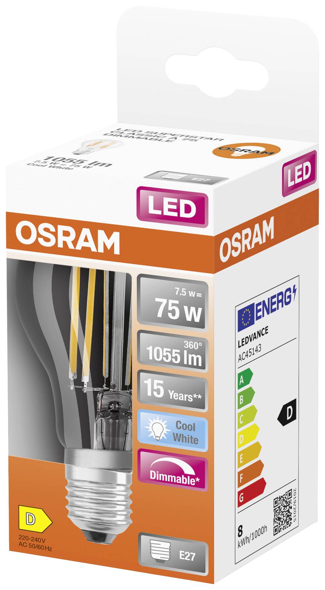 Eine LED-Glühbirnenverpackung der Marke Osram. Aufdrucke zeigen: 7,5W entspricht 75W, 1055 Lumen, 15 Jahre Lebensdauer. Energieeffizienzklasse D.