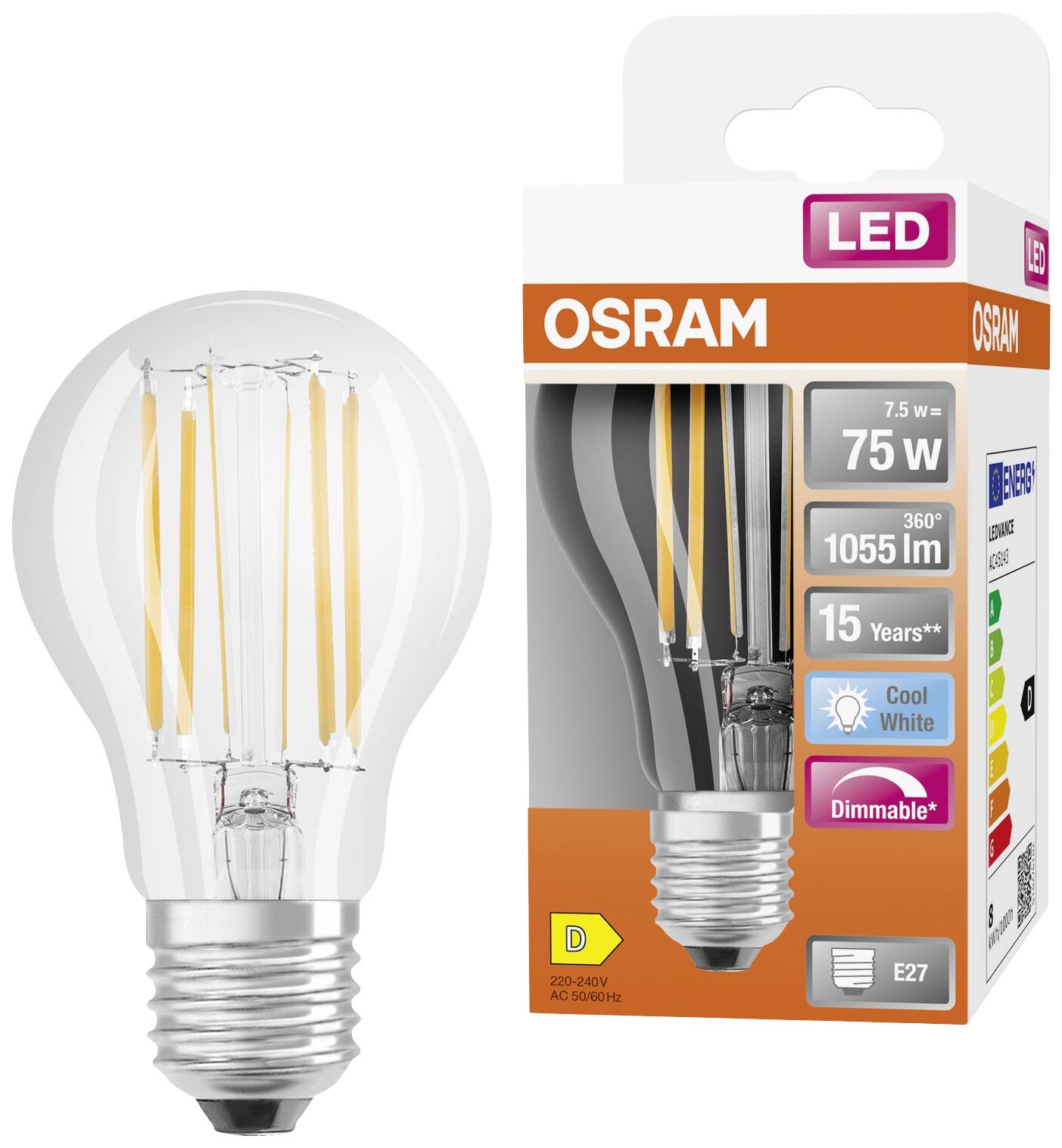 Glühbirne der Marke Osram in Verpackung. LED, 7,5W, entspricht 75W, 1055 lm, Cool White, dimmbar, E27-Fassung, Energieklasse D, 15 Jahre Lebensdauer.