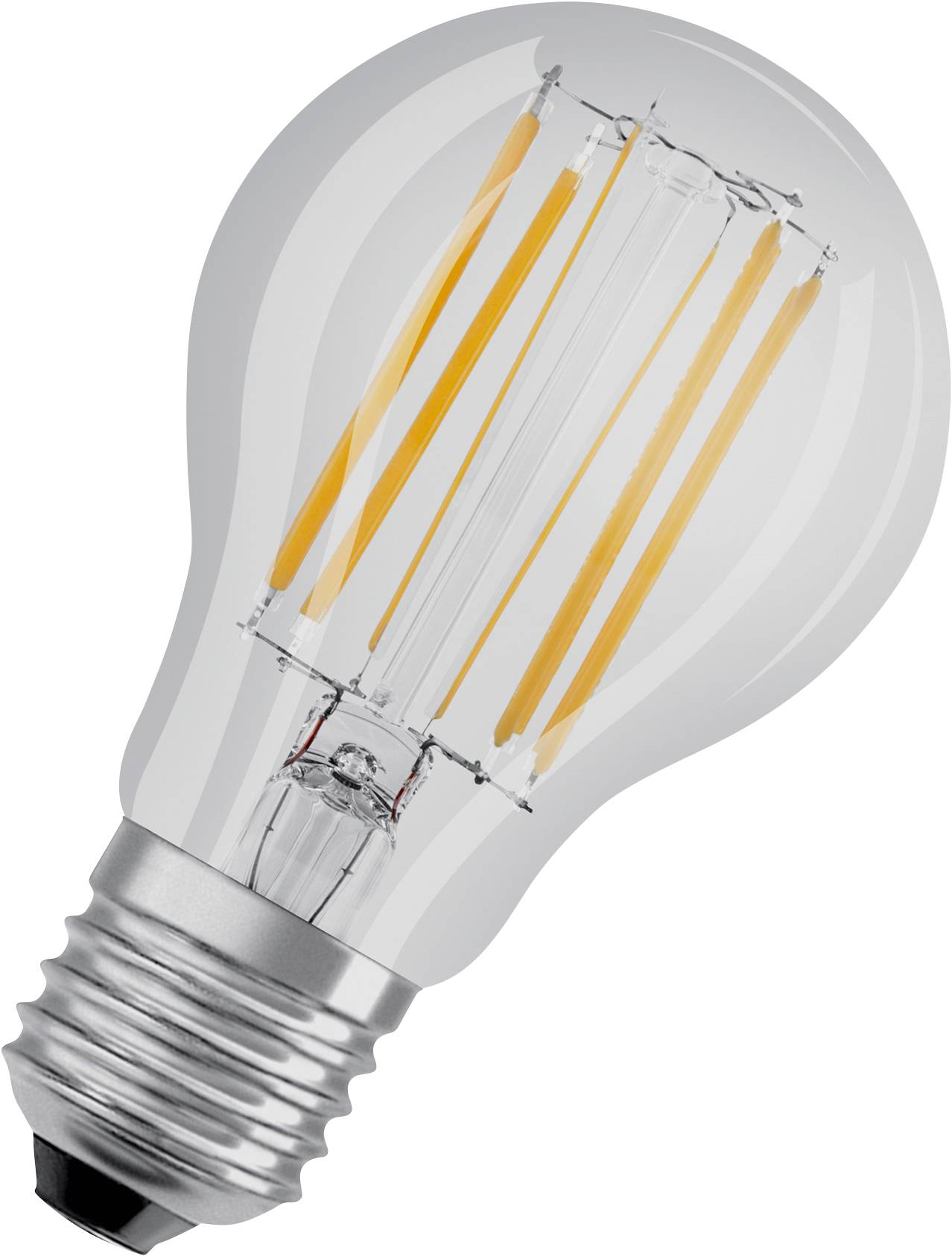 Eine klare Glühbirne mit sichtbaren LED-Filamenten, die den klassischen Glühlampendesign nachahmt.