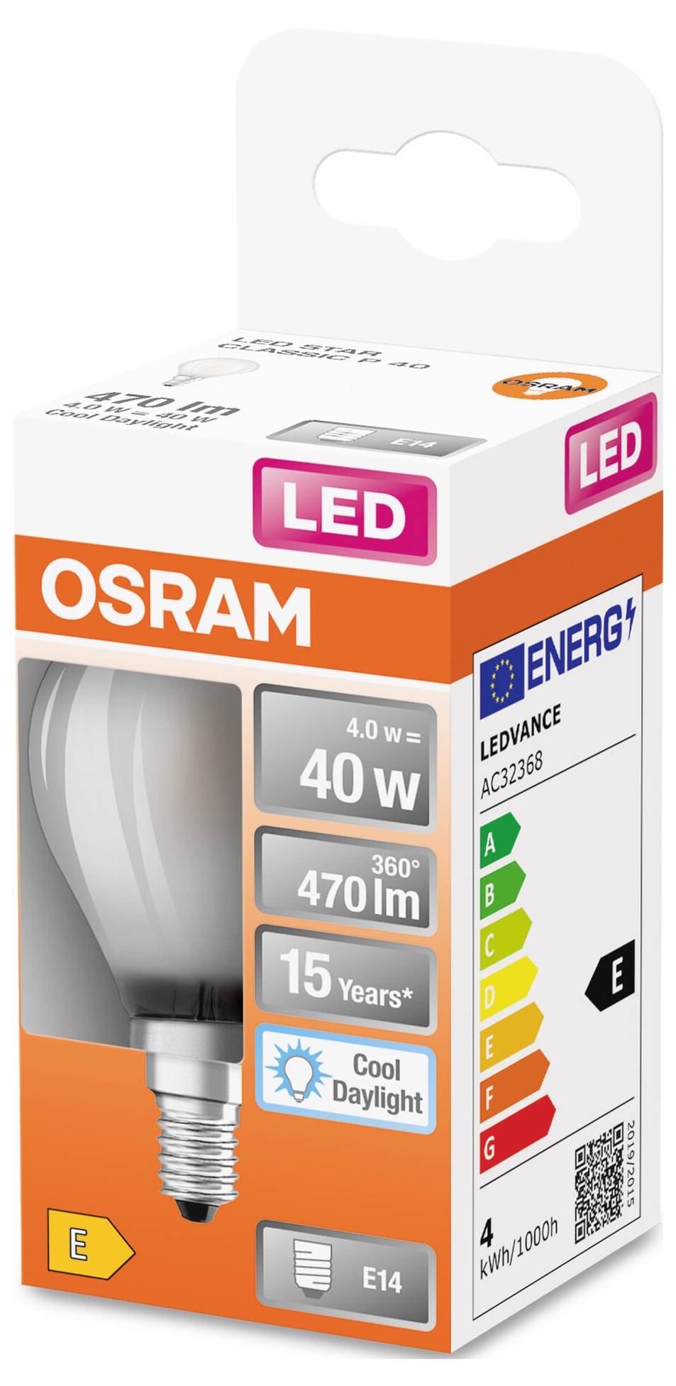 LED-Glühbirnenverpackung der Marke OSRAM. 40 W Äquivalent, E14-Fassung, Energieklasse E, kaltweißes Licht, 15 Jahre Lebensdauer, 470 lm.