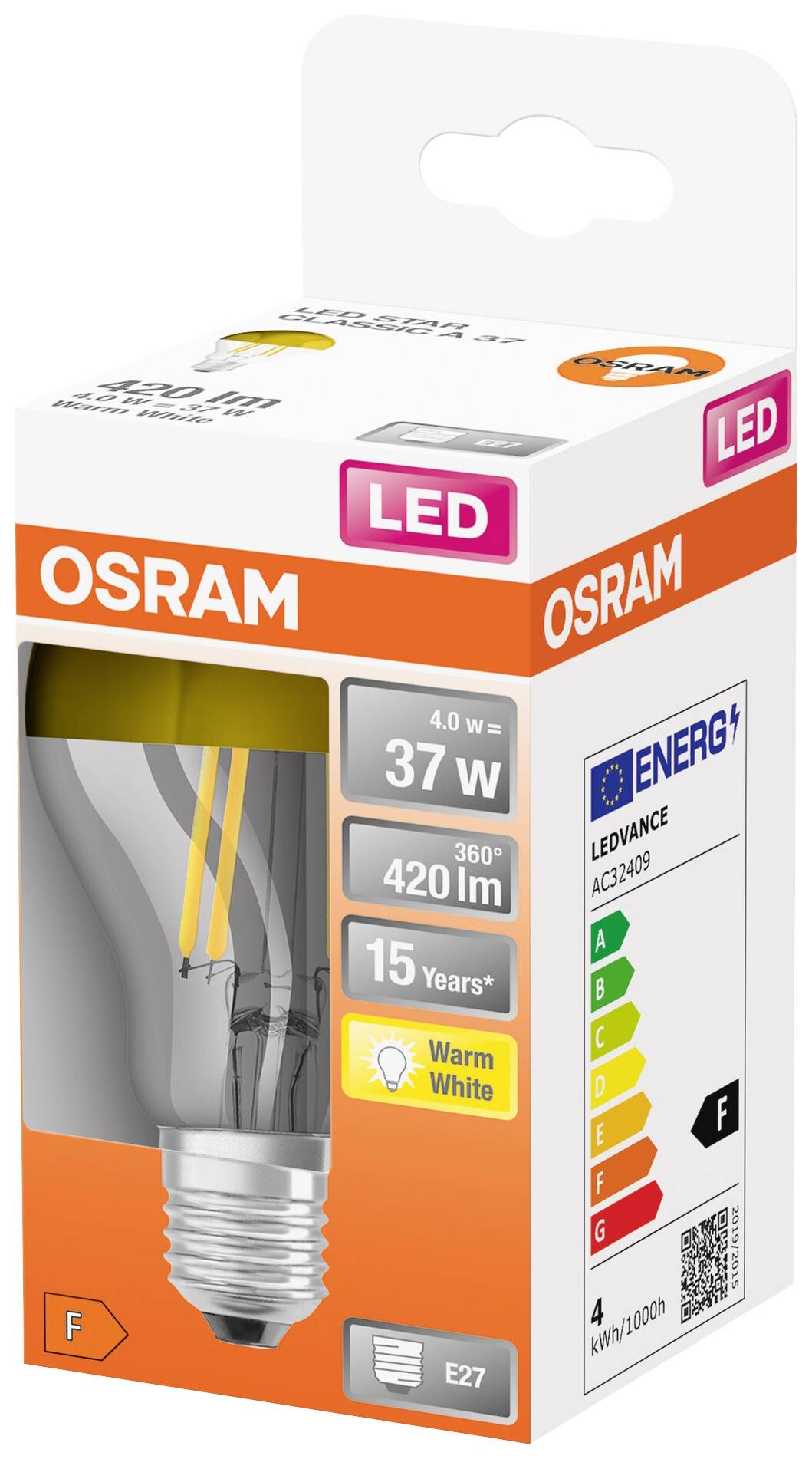 OSRAM 4058075435360 LED EEK F (A - G) E27 Glühlampenform 4 W = 37 W Warmweiß (Ø x L) 60 mm x 105 mm 1 St.