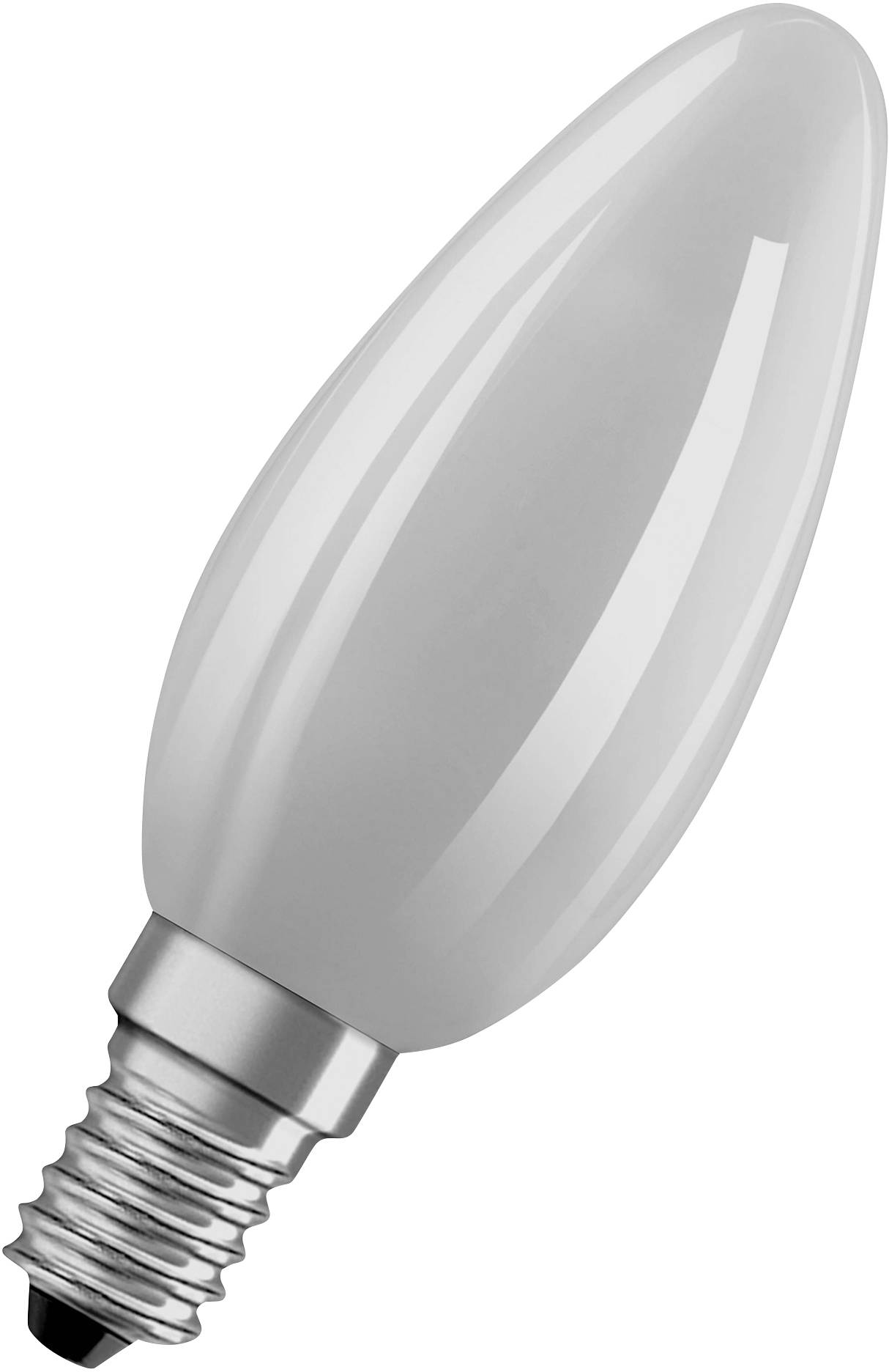 Eine einzelne weiße Glühbirne in Tropfenform mit Edison-Gewinde, vor einem weißen Hintergrund.