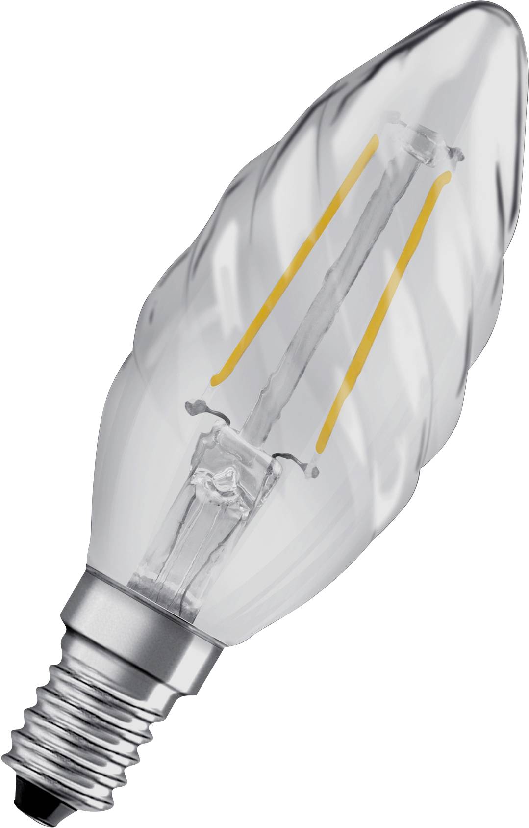 Eine LED-Glühbirne in Flammenform mit sichtbaren Filamenten und Metallfassung, geeignet für dekorative Leuchten.