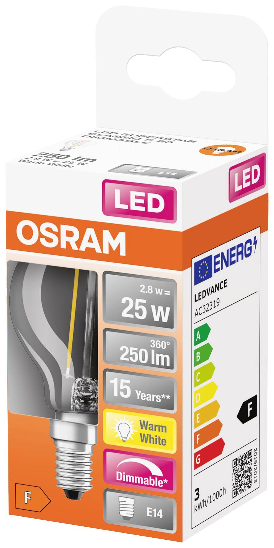 LED-Glühbirne Osram, 2,8W, vergleichbar mit 25W, 250 Lumen, warmweiß, dimmbar, Energieklasse F, E14-Fassung, 15 Jahre Lebensdauer.