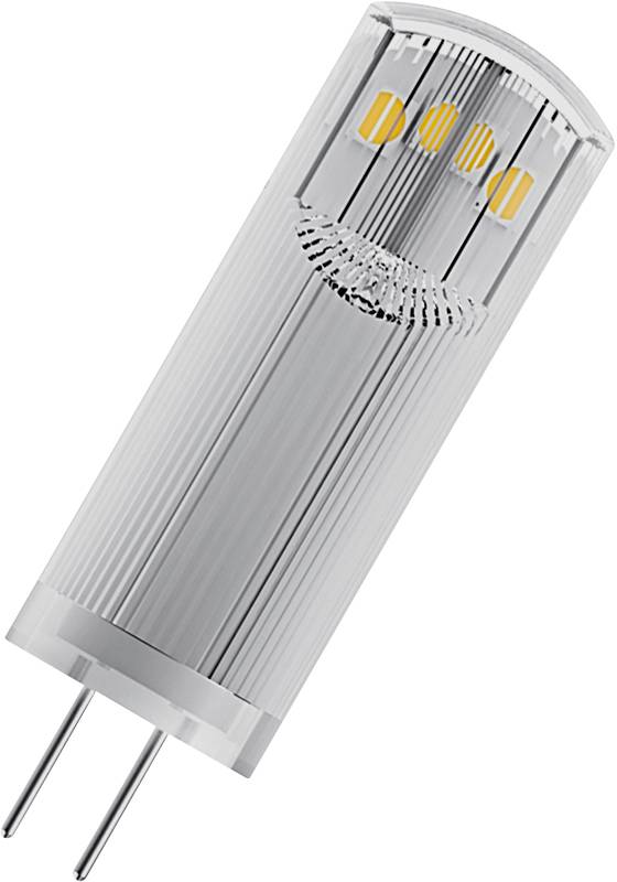 Eine G4-LED-Birne mit zylindrischer Form und zwei Stiften am unteren Ende, sichtbar sind vier gelbe LED-Chips im Inneren der klaren Hülle.