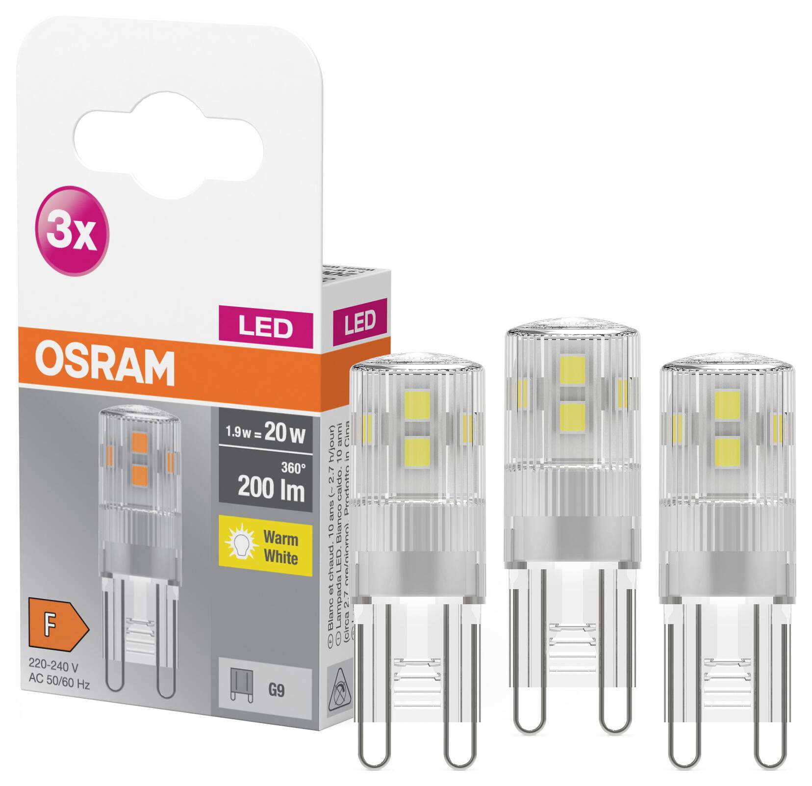 LED-Leuchtmittel-Set von OSRAM: Drei G9-Lampen, 1,9 W (entspricht 20 W), 200 Lumen, warmweiß, Energieklasse F. Verpackung zeigt Details.
