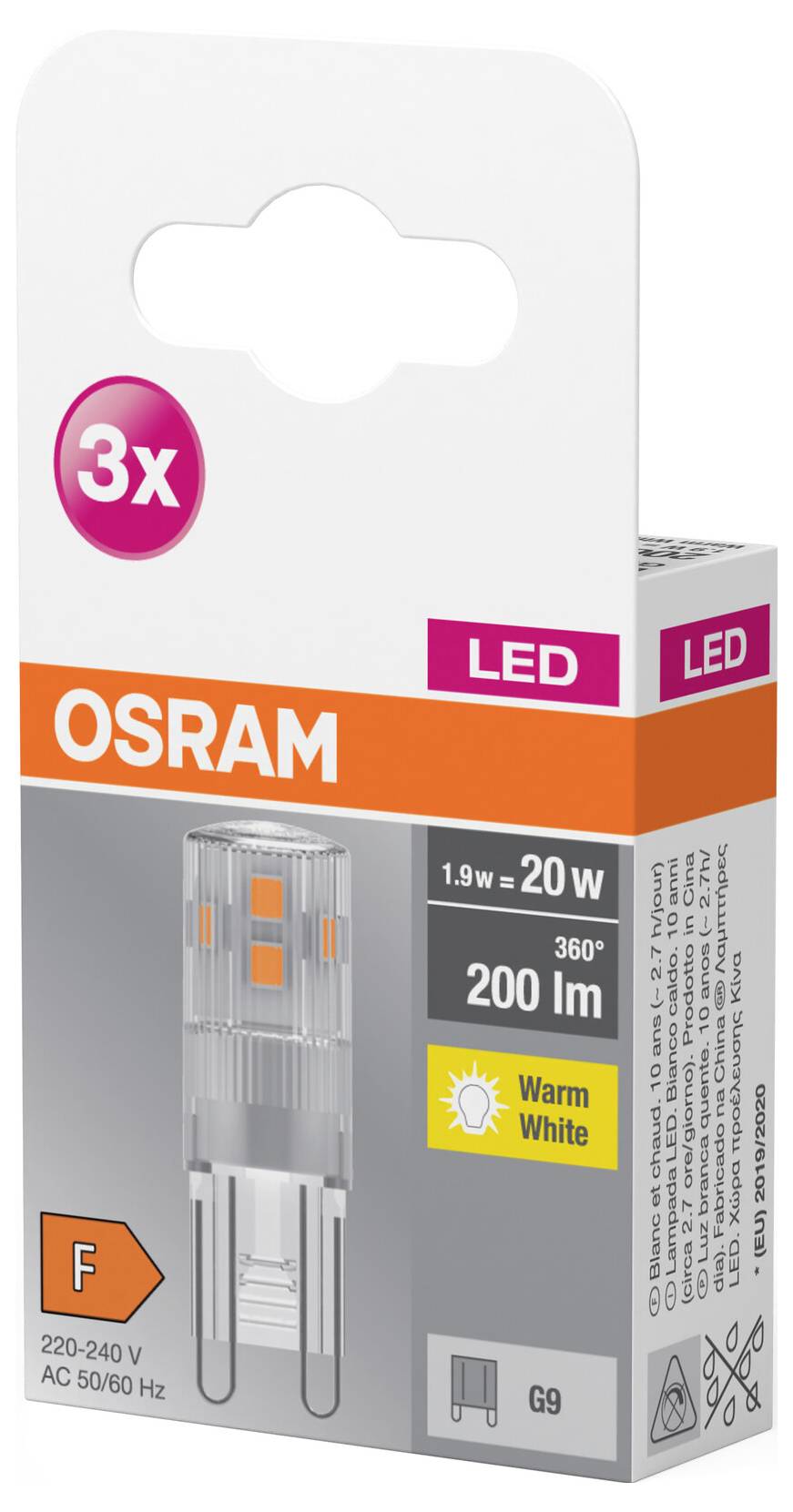 OSRAM LED-Lampe, 3er-Pack, 1,9W ersetzt 20W, 200 Lumen, warmweiß, 220-240V, Energieeffizienzklasse F, für G9-Sockel.