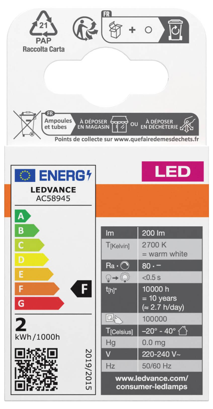 LED-Lampe von Ledvance, Energieklasse F, 200 lm, 2700 K, warmweiß. Lebensdauer 15.000 h, 2 kWh/1000 h laut Etikett.