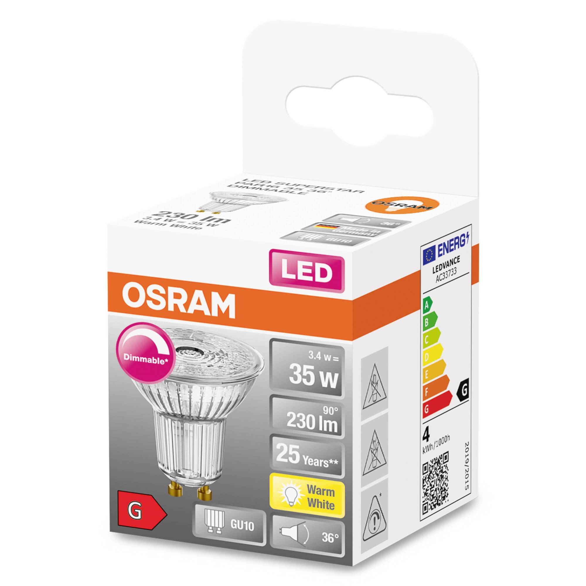 OSRAM 4058075431676 LED EEK G (A - G) GU10 Reflektor 3.4 W = 35 W Warmweiß (Ø x L) 51 mm x 54 mm 1 St.