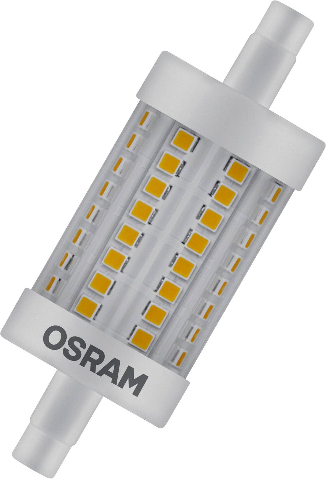Eine zylinderförmige LED-Lampe von OSRAM mit orange leuchtenden Dioden auf der Oberfläche. Ideal für energieeffiziente Beleuchtung.