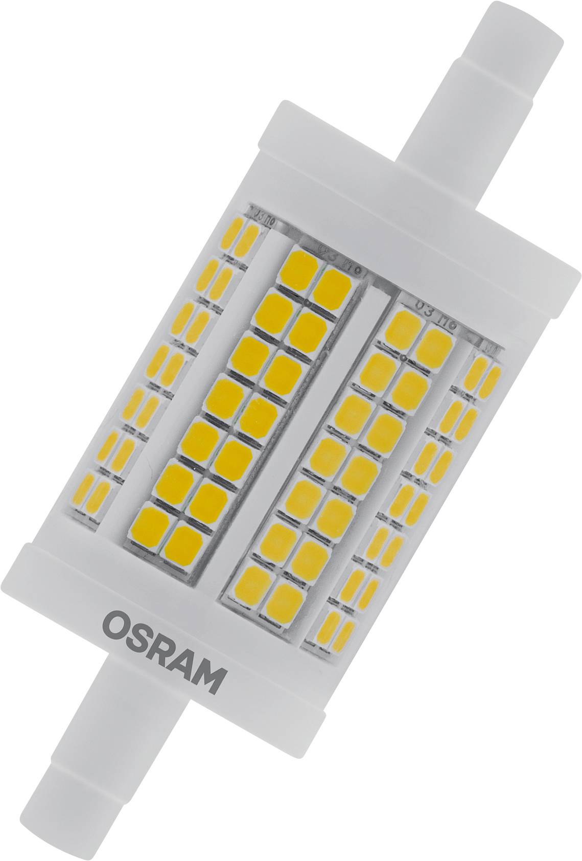 Eine LED-Lampe von OSRAM, zylindrisch mit mehreren gelben Leuchtdioden auf beiden Seiten, entworfen für effiziente Beleuchtung.
