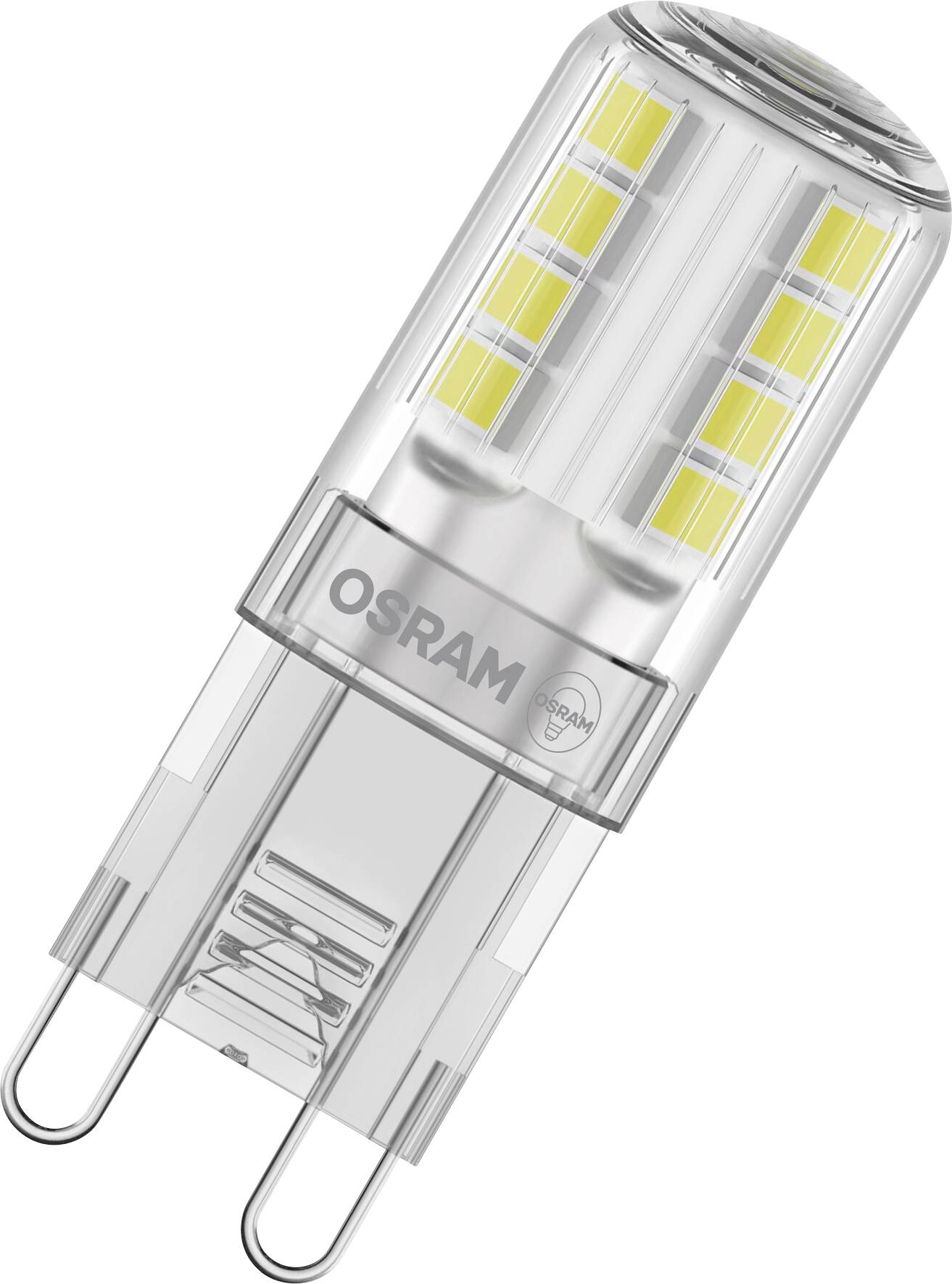 OSRAM LED-Lampe G9, zylindrische Form, transparente Basis, sichtbare gelbe LED-Komponenten.