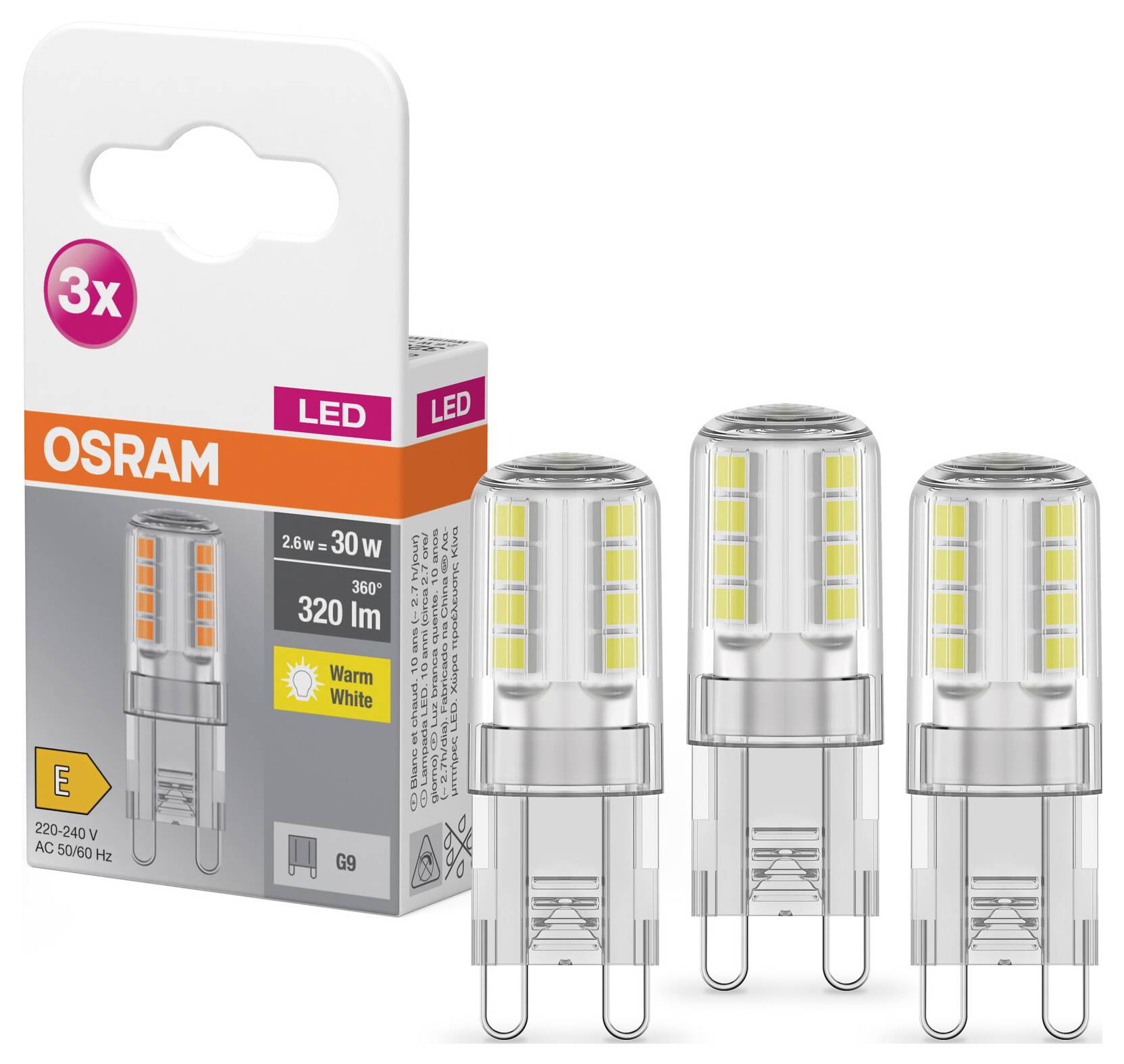 Drei LED-Lampen von Osram, je 2,6 W und 320 lm, 360° Abstrahlwinkel. Verpackung zeigt 'Warm White', Energieklasse E, 220-240V.