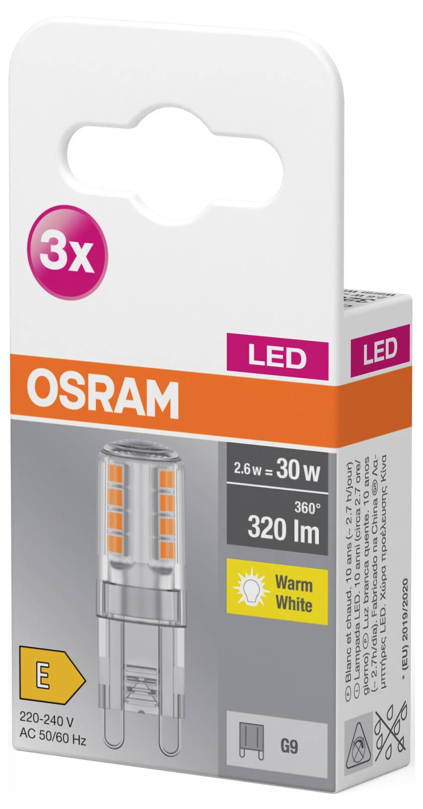 Verpackung von OSRAM LED-Lampe. Enthält drei 2,6W Leuchten, entspricht 30W, 320 lm, warmweiß, G9-Fassung, Energieeffizienzklasse E.