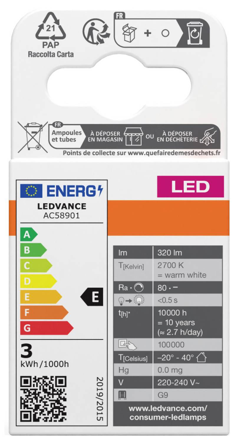 Energieetikett für LED-Lampe zeigt Energieeffizienzklasse E, 320 Lumen, 3 kWh/1000h, warmweiß, 2700 K. Hersteller: LEDVANCE.