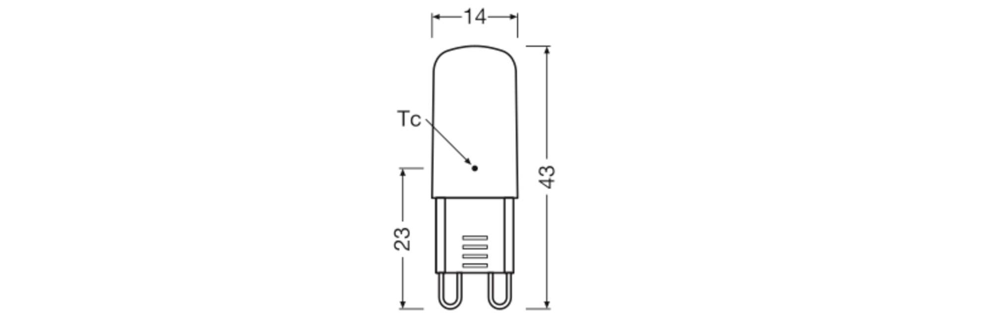 Diagramm einer LED-Birne mit den Maßen: Höhe 43 mm, Breite 14 mm, 'Tc' Punkt markiert in der Mitte.