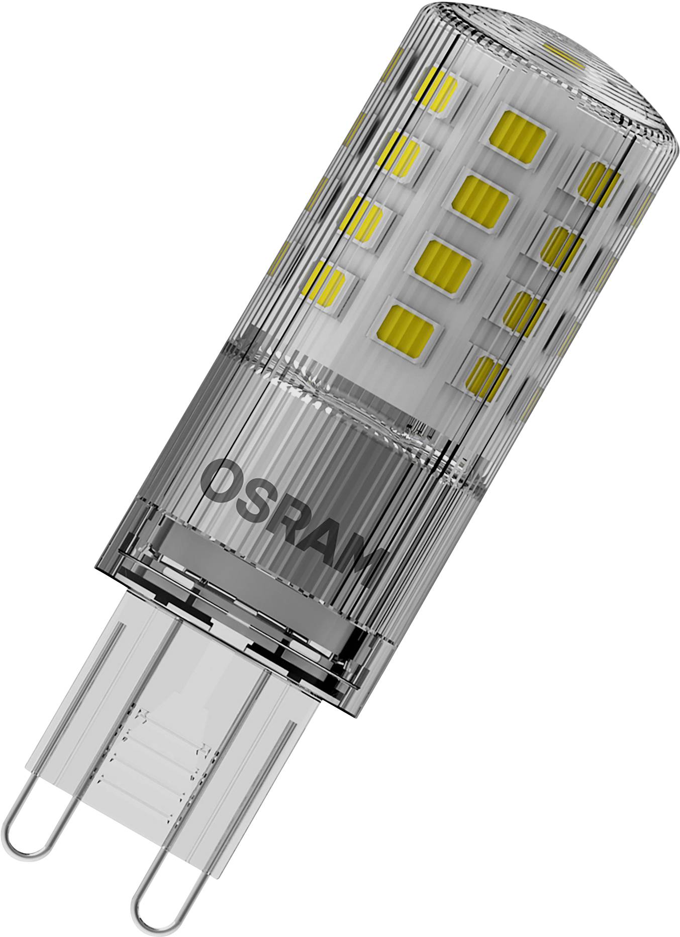 Eine LED-Lampe von OSRAM in zylindrischer Form mit mehreren gelben Chips im Inneren, geeignet für G9-Fassungen.