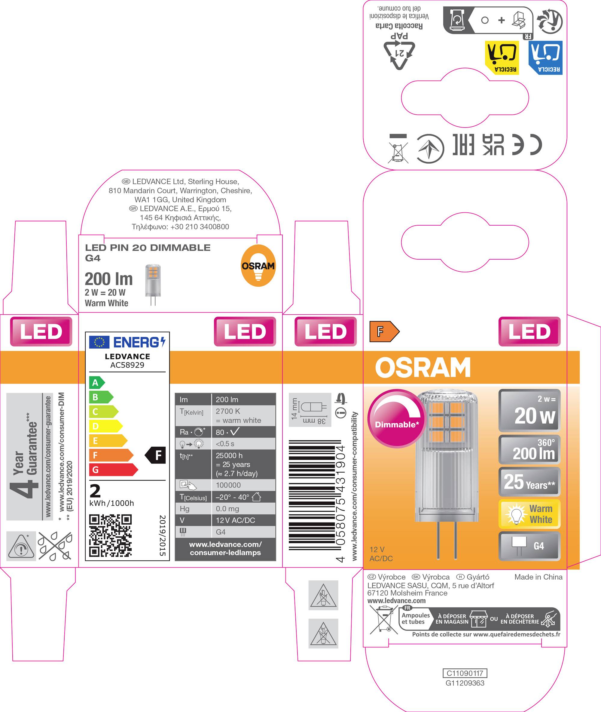 Verpackung einer dimmbaren LED Lampe von Osram, 20 W, 200 lm, warmweiß, Energieklasse G, geeignet für G4-Fassungen mit 4 Jahren Garantie.