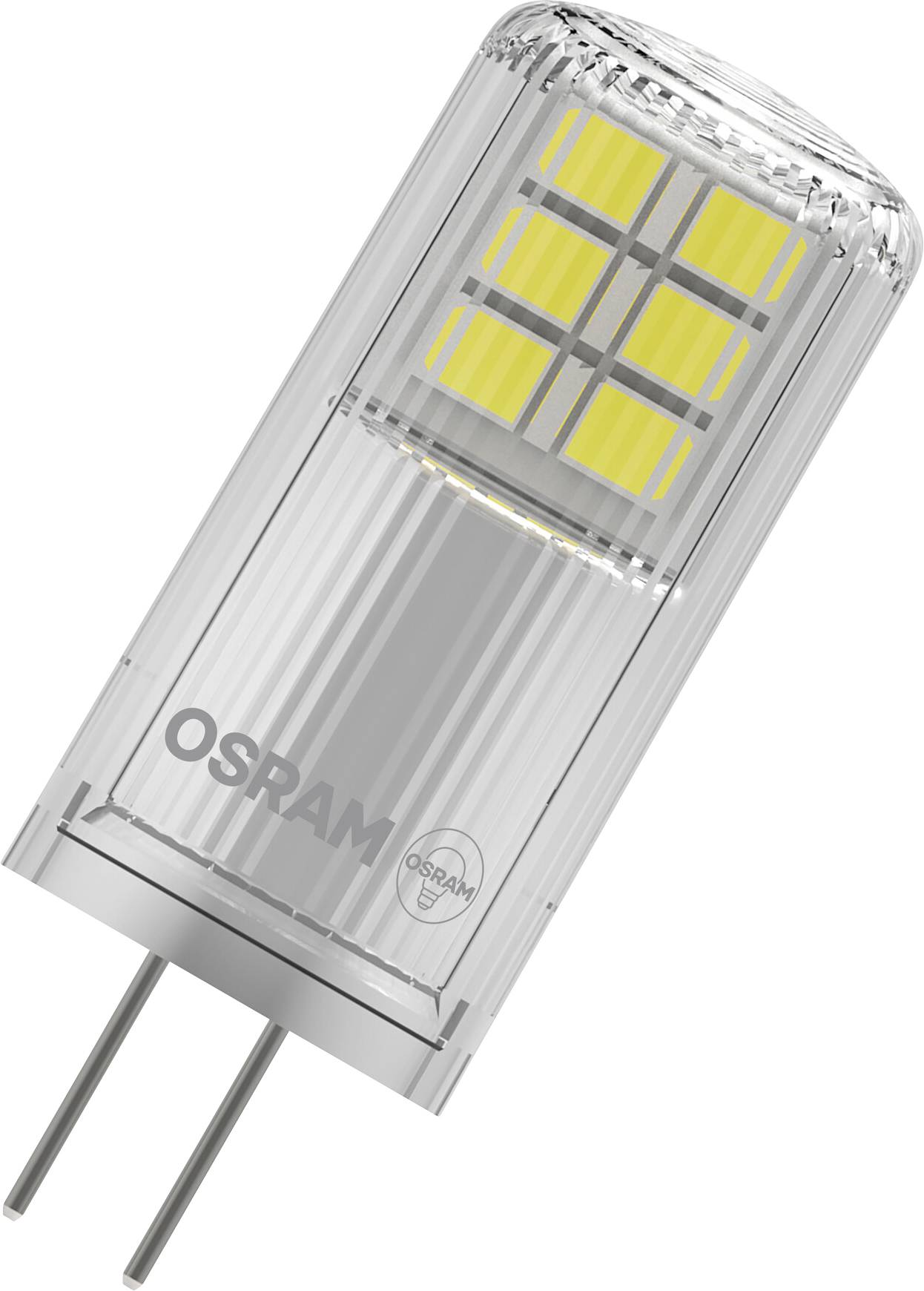 Eine energiesparende LED-Lampe von OSRAM mit transparentem Gehäuse und gelben Leuchtflächen, die eine effiziente Beleuchtung bietet.