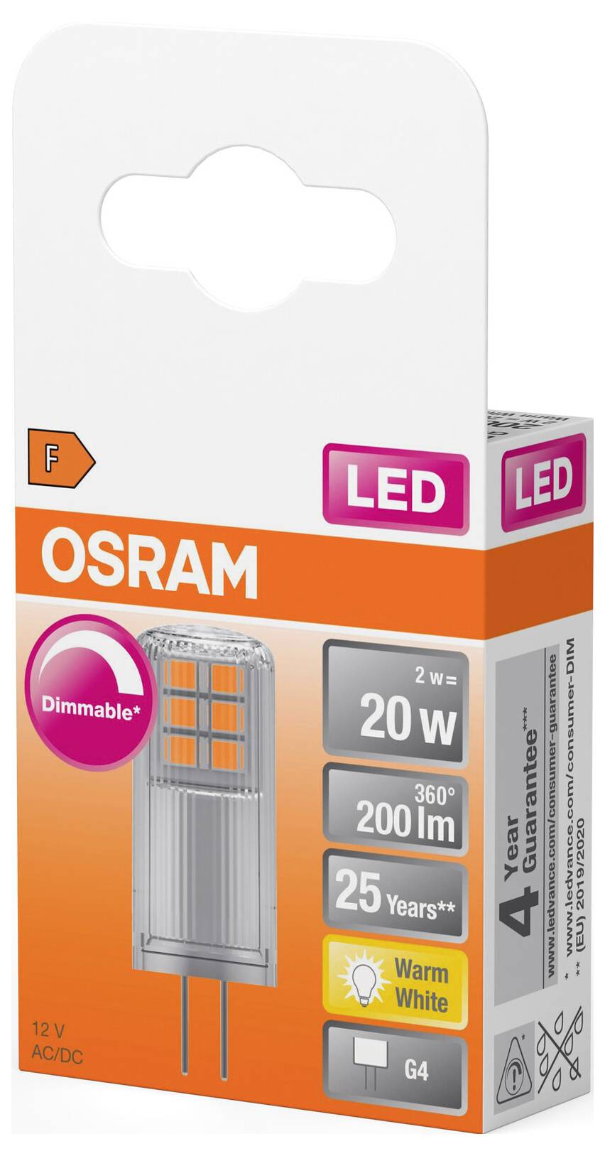 'OSRAM LED Lampe, dimmbar, 20W, 200lm, warmweiß, G4-Fassung, 4 Jahre Garantie.' Verpackung mit Produktabbildung.