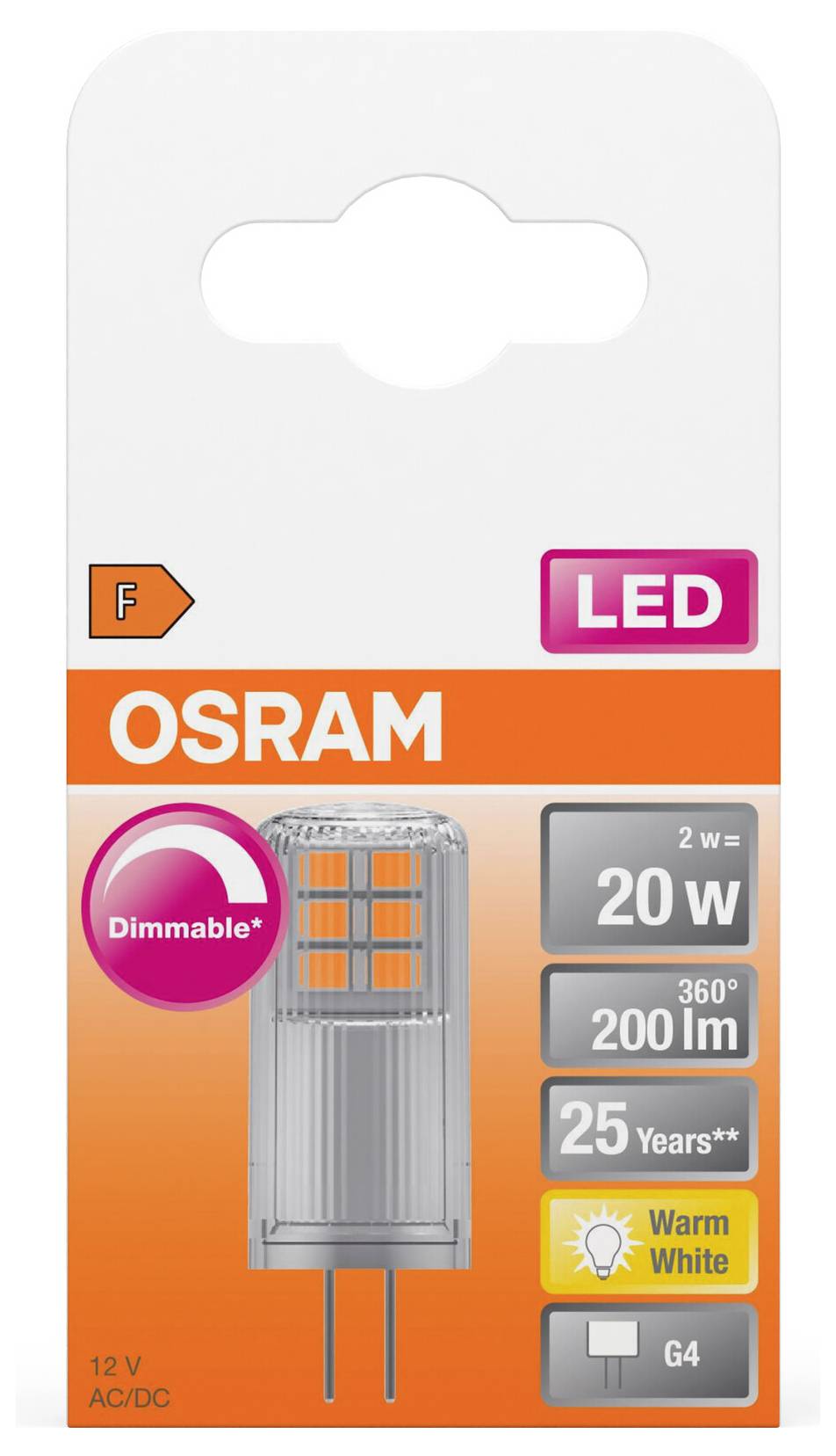 LED-Lampe von OSRAM, 20W, dimmbar, 200 Lumen, warmweiß, Lebensdauer 25 Jahre, Energielabel F, Spannung 12V AC/DC.