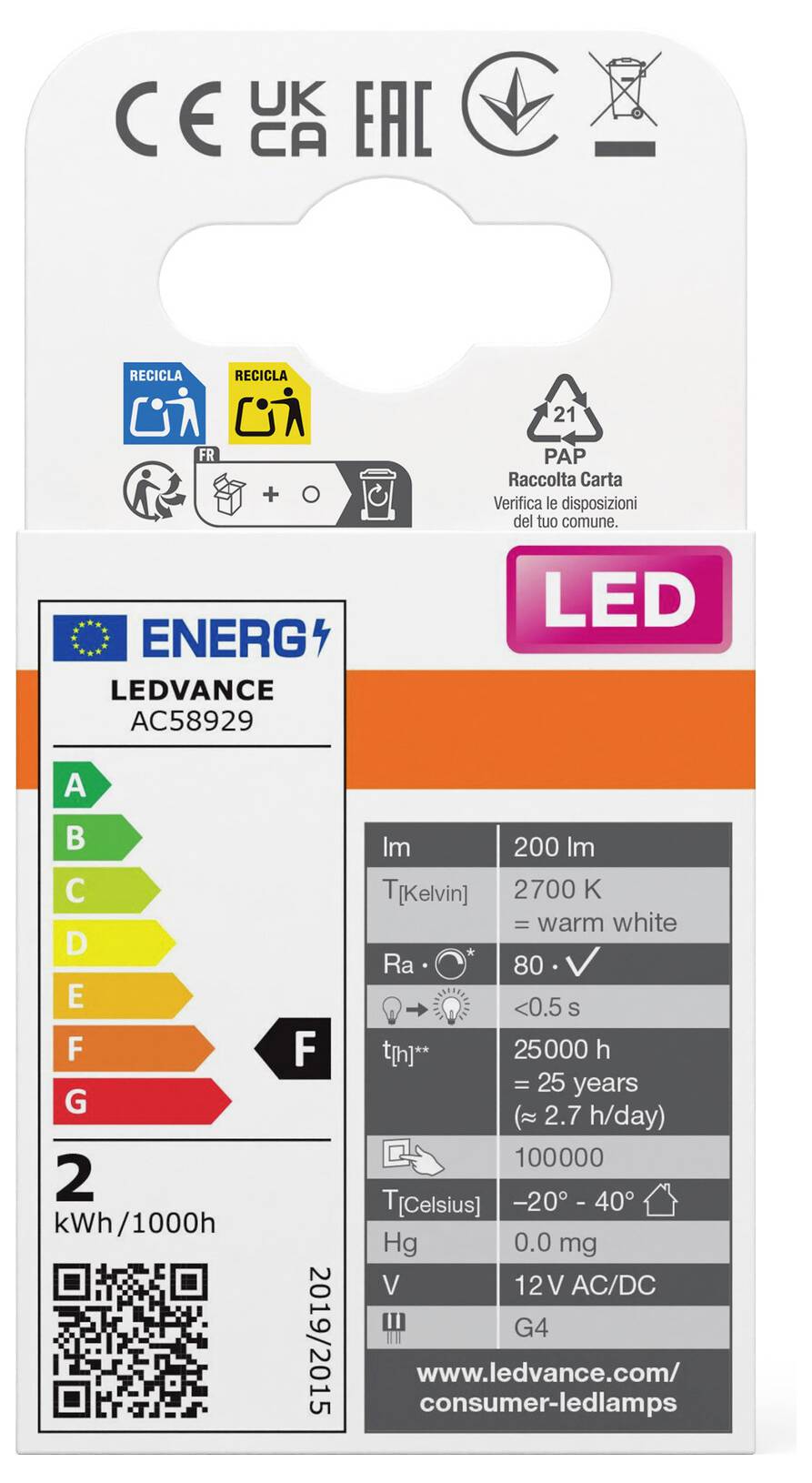 Energieetikett für LED-Leuchte, Klasse F. Details: Leistung 2 kWh/1000h, Lichttemperatur 2700 K, Lebensdauer 25.000 h.