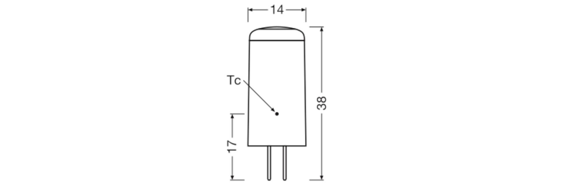 Diagramm einer Stiftsockellampe mit Maßen: Höhe 38 mm, Breite 14 mm. Der Punkt 'Tc' kennzeichnet eine Temperaturmessstelle auf der Lampe.