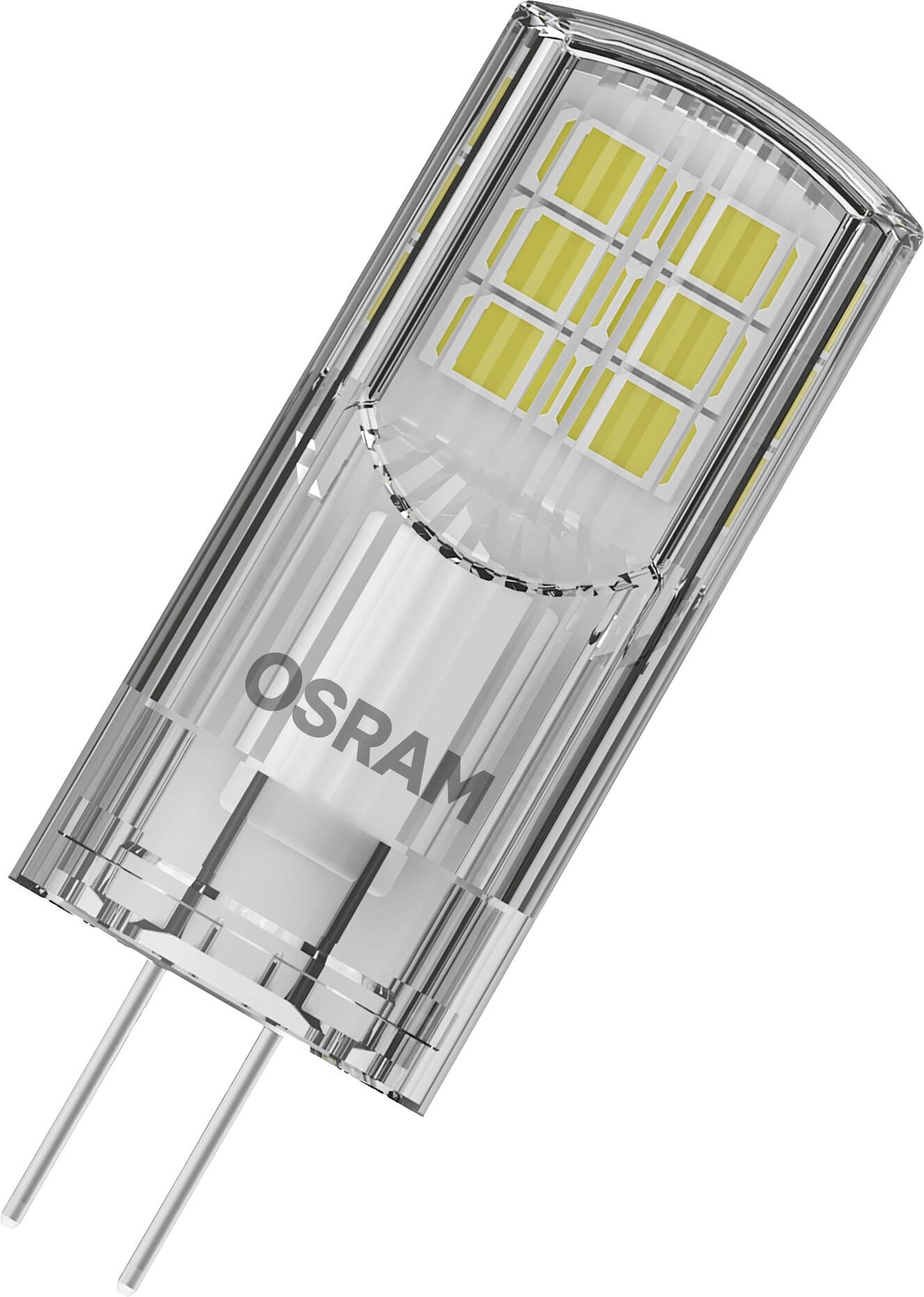 Eine LED-Lampe von OSRAM mit G9-Sockel und transparentem Gehäuse, zeigt gelbe Leuchtbereiche.