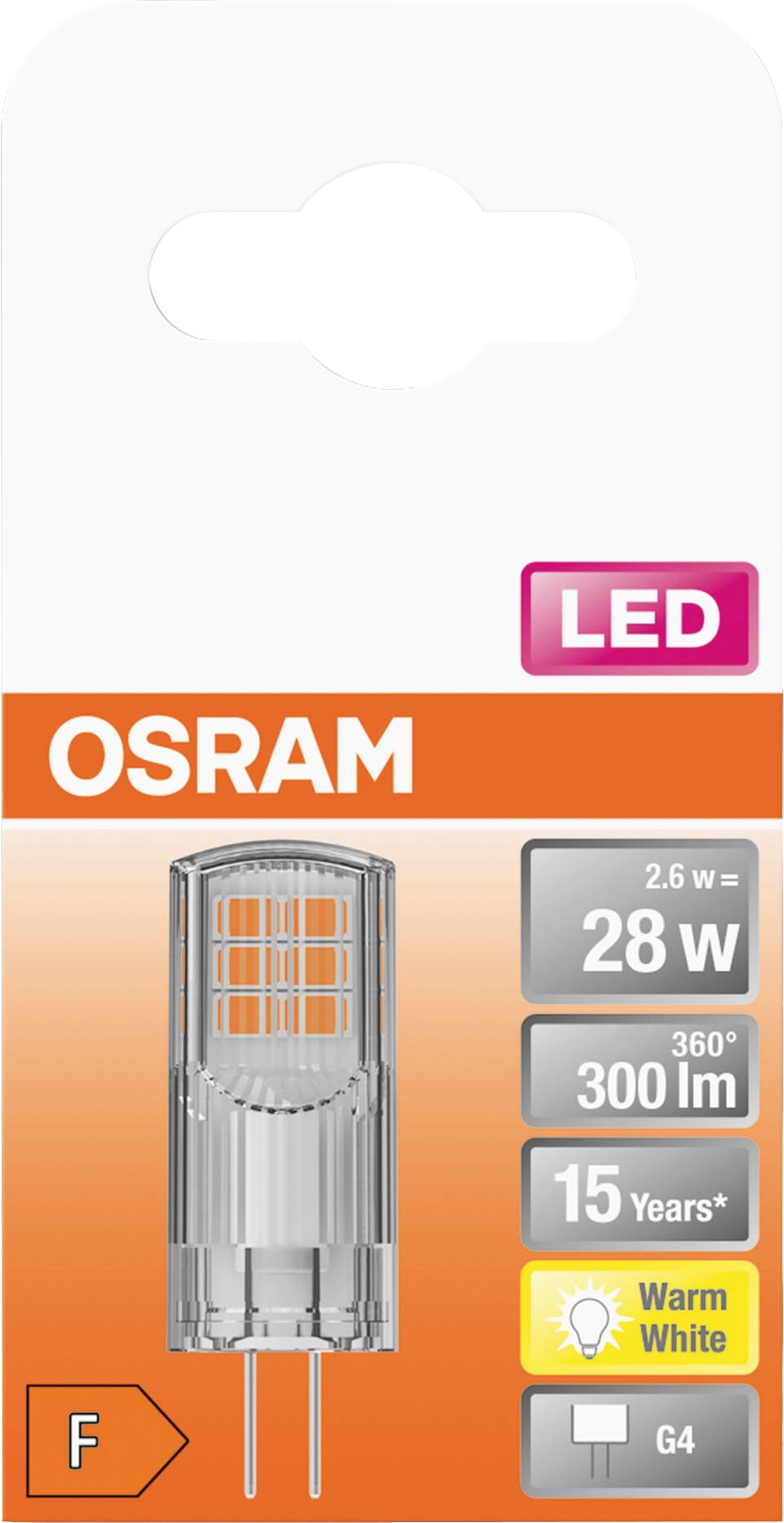 Osram LED-Lampe, 2.6 W entspricht 28 W, 300 Lumen, Warmweiß, Energieeffizienzklasse F, G4. Lebensdauer bis zu 15 Jahre.