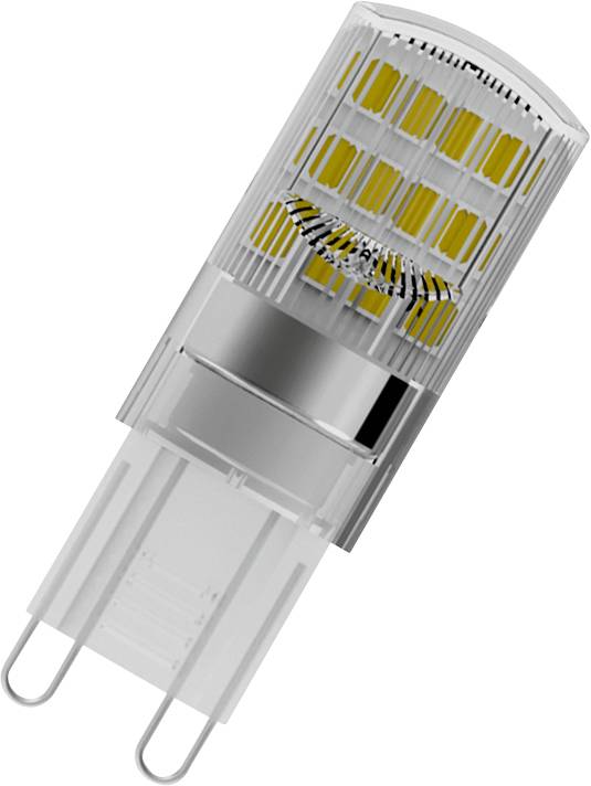 Eine LED-Lampe mit transparentem Gehäuse zeigt gelbe Leuchtdioden im Inneren.