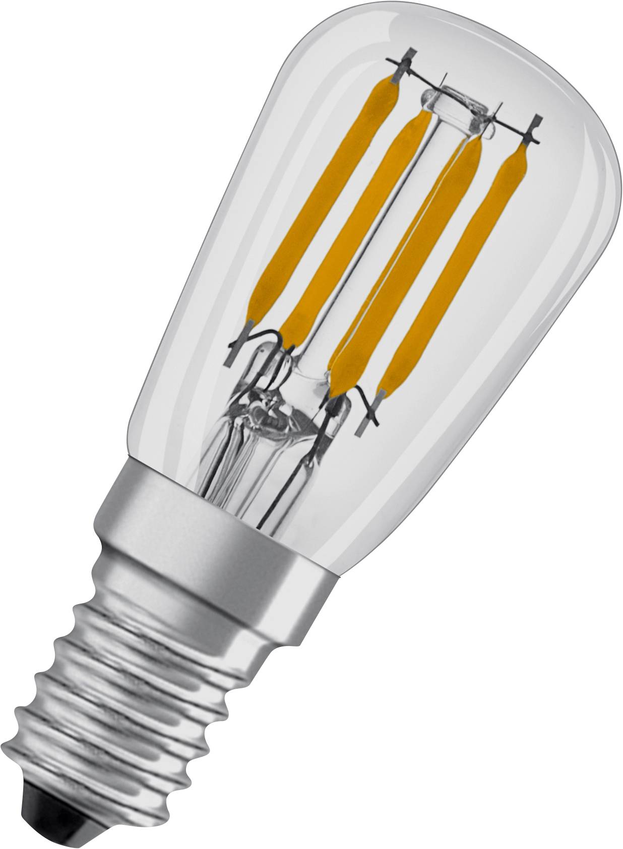 Eine LED-Glühbirne in klassischer Glühlampenform mit sichtbaren Filamenten und Schraubsockel.