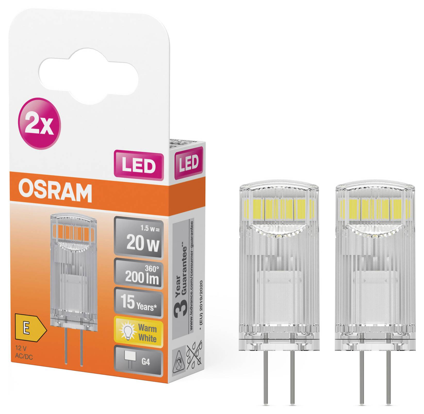 OSRAM HOMELIGHTING 4058075449800 LED EEK E (A - G) G4 Kolbenform 1.5W = 20W Warmweiß (Ø x L) 12mm x 33mm 2St.
