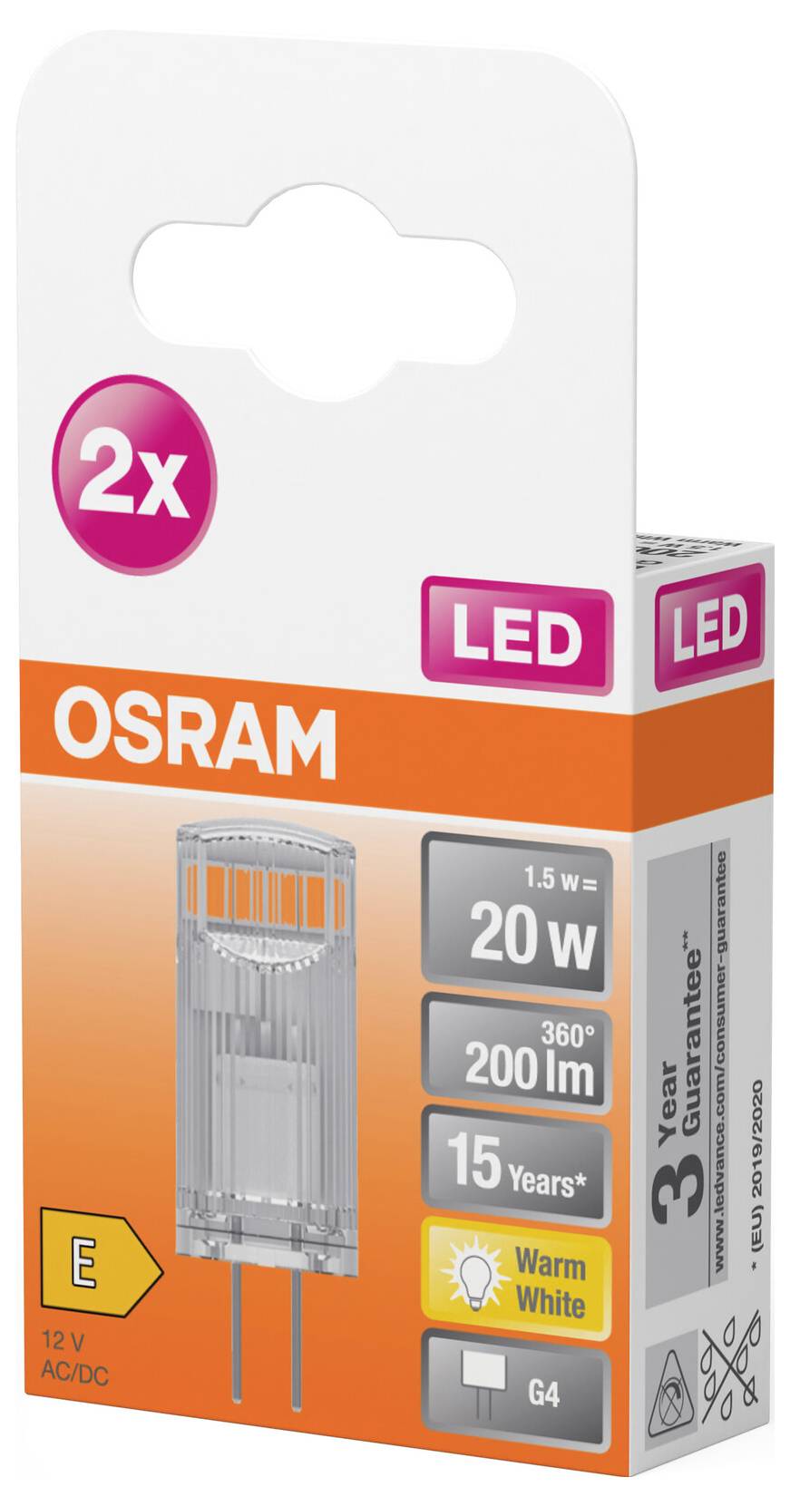 OSRAM HOMELIGHTING 4058075449800 LED EEK E (A - G) G4 Kolbenform 1.5W = 20W Warmweiß (Ø x L) 12mm x 33mm 2St.