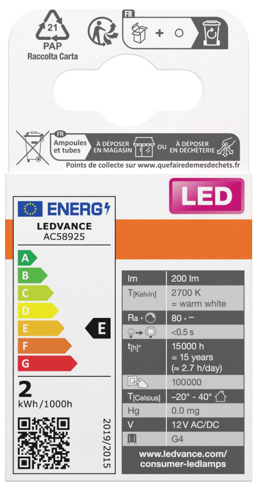 OSRAM HOMELIGHTING 4058075449800 LED EEK E (A - G) G4 Kolbenform 1.5W = 20W Warmweiß (Ø x L) 12mm x 33mm 2St.