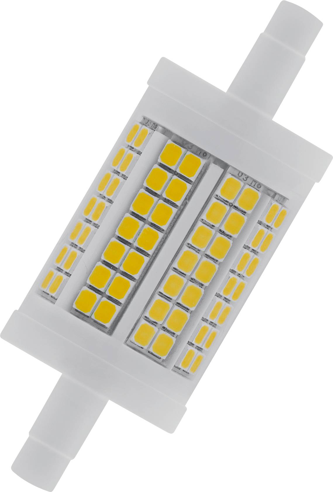 LED-Lampe mit zylindrischer Form und mehreren gelben Dioden auf transparentem Gehäuse, seitliche Ansicht.