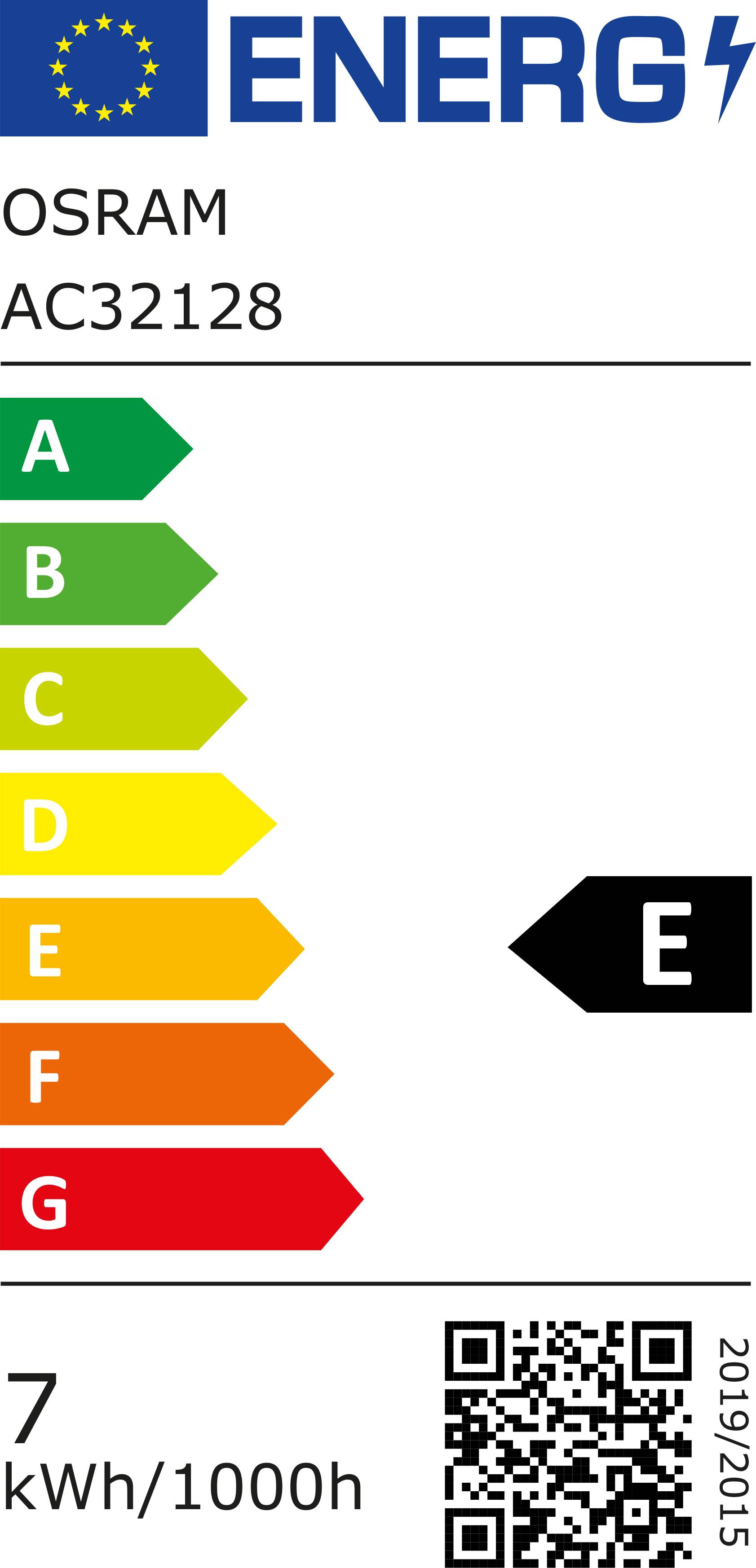 Energielabel für OSRAM AC32128, Klasse E. Farbcodierte Skala A (grün) bis G (rot). Energieverbrauch: 7 kWh/1000h.