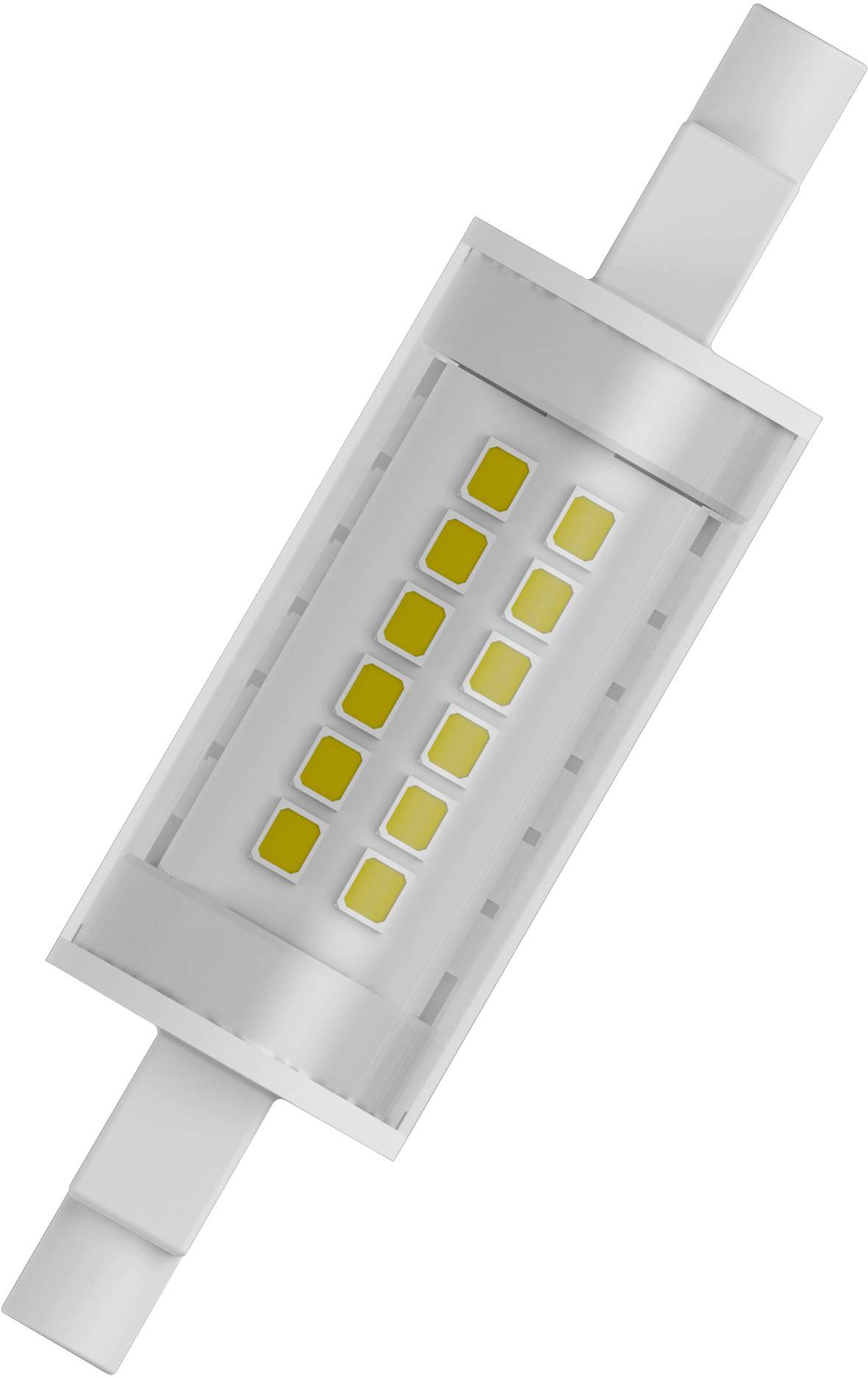 LED-Lampe in zylindrischer Form mit gelben Leuchtflächen, geeignet für energieeffiziente Beleuchtung.