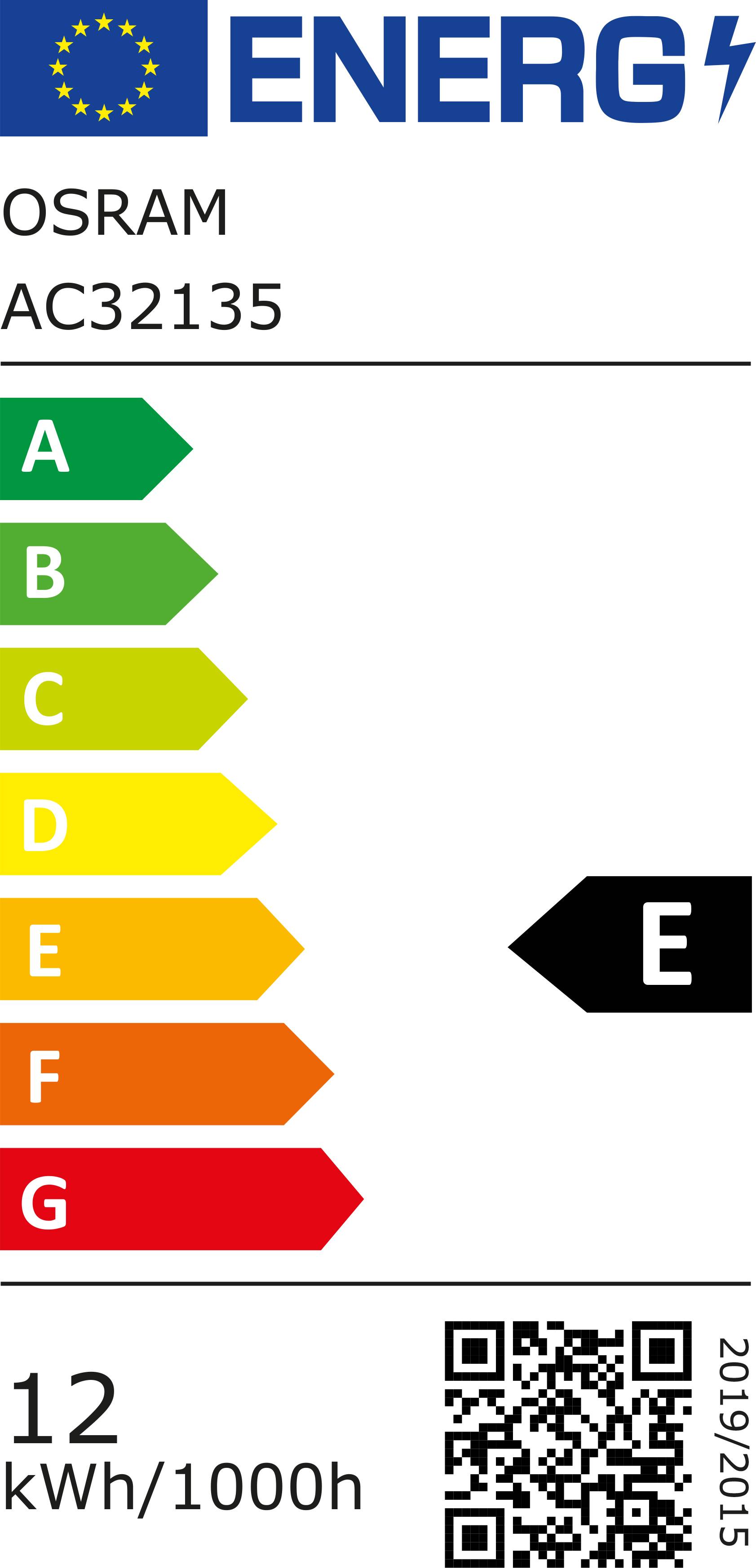 Energiemarke für OSRAM AC32135 mit Effizienzklasse E, 12 kWh/1000h. Skala von A (hoch) bis G (niedrig).