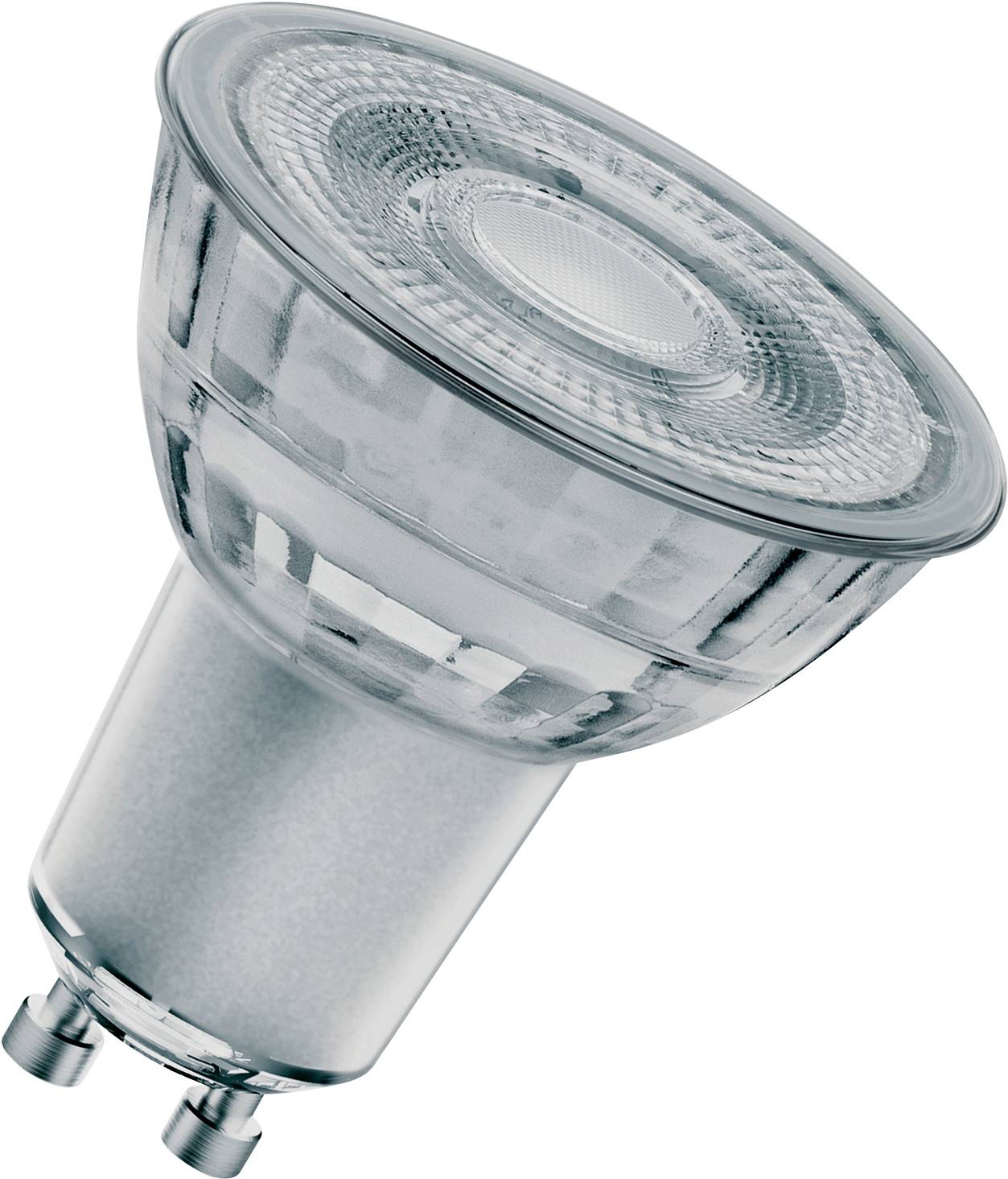 LED-Spotlight-Lampe mit GU10-Sockel; transparente Glasfassung und silberner Sockel. Geeignet für energiesparende Beleuchtung.