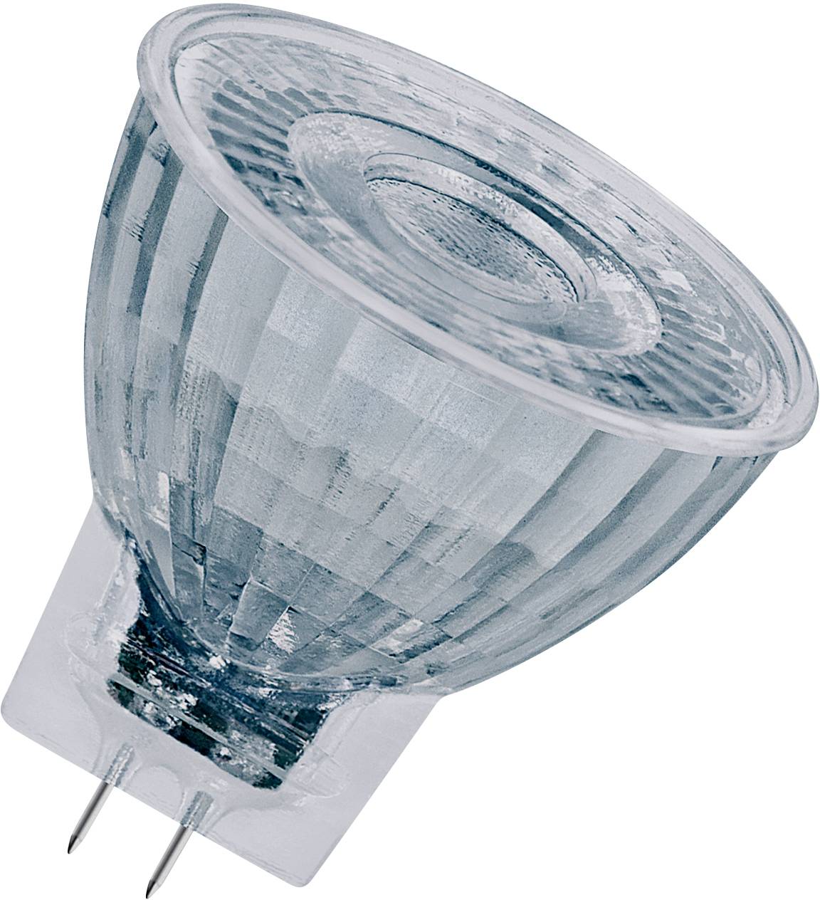Eine silberne Glühlampe mit zwei Anschlussstiften. Hauptsächlich für Strahler oder spezielle Beleuchtungsanwendungen verwendet.